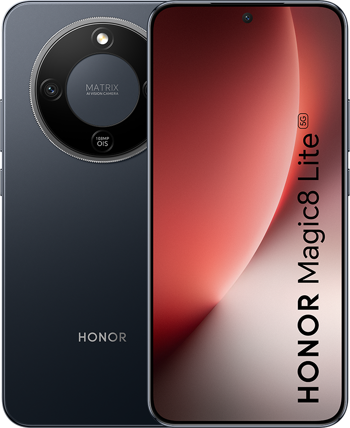 Egy sötétkék HONOR Magic8 Lite 5G okostelefon. A hátoldalon egy kameramodul van. A képernyő piros-fehér átmenetet jelenít meg.