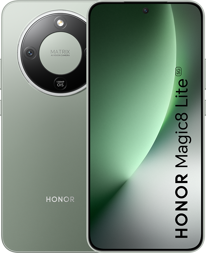 A Honor Magic8 Lite 5G okostelefon látható. Zöld hátlapja van, kör alakú kameramodullal és zöld képernyővel.