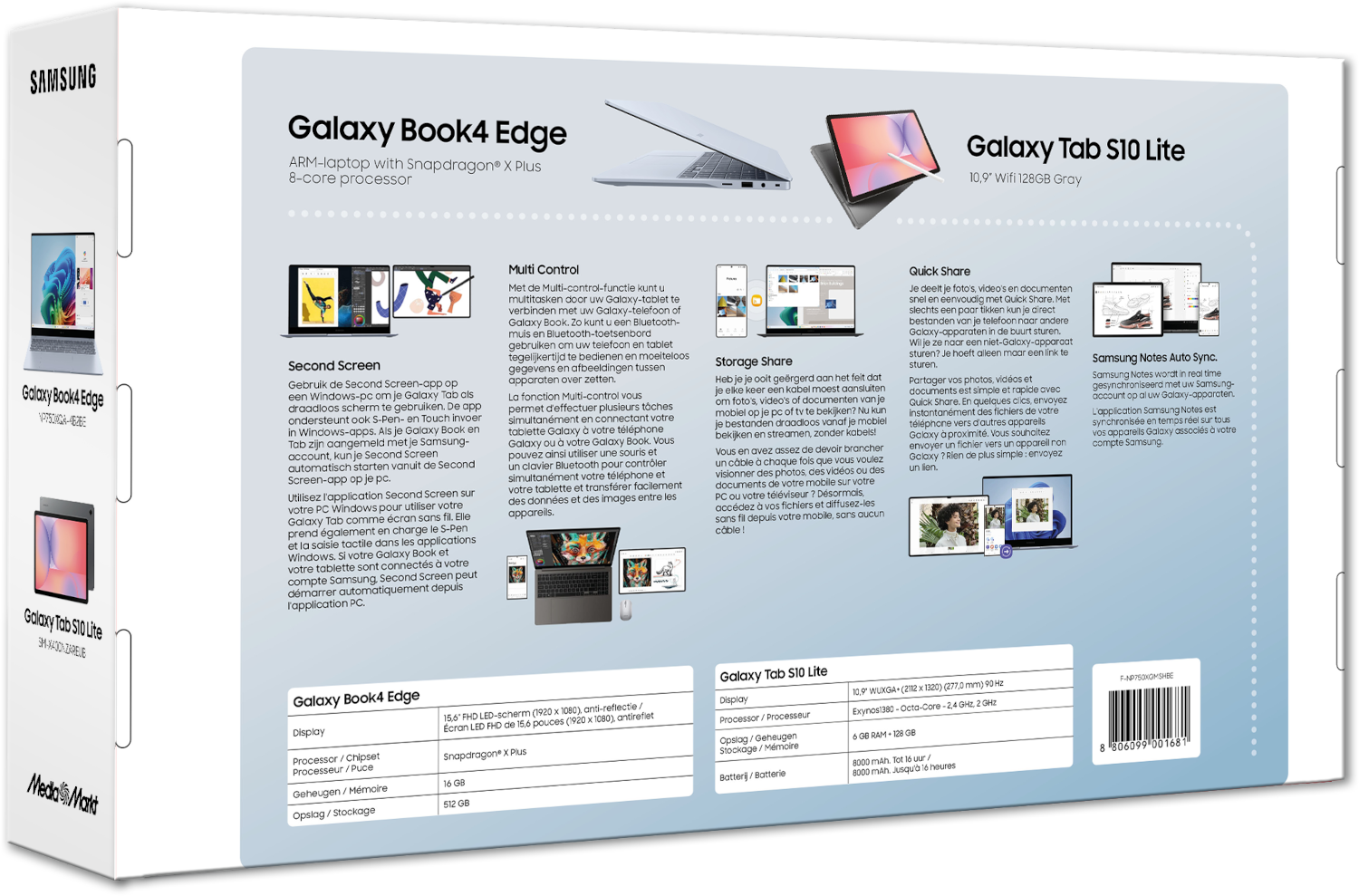 Une boîte de produits Samsung avec Galaxy Book4 Edge et Tab S10 Lite, présentant les détails et les fonctionnalités.