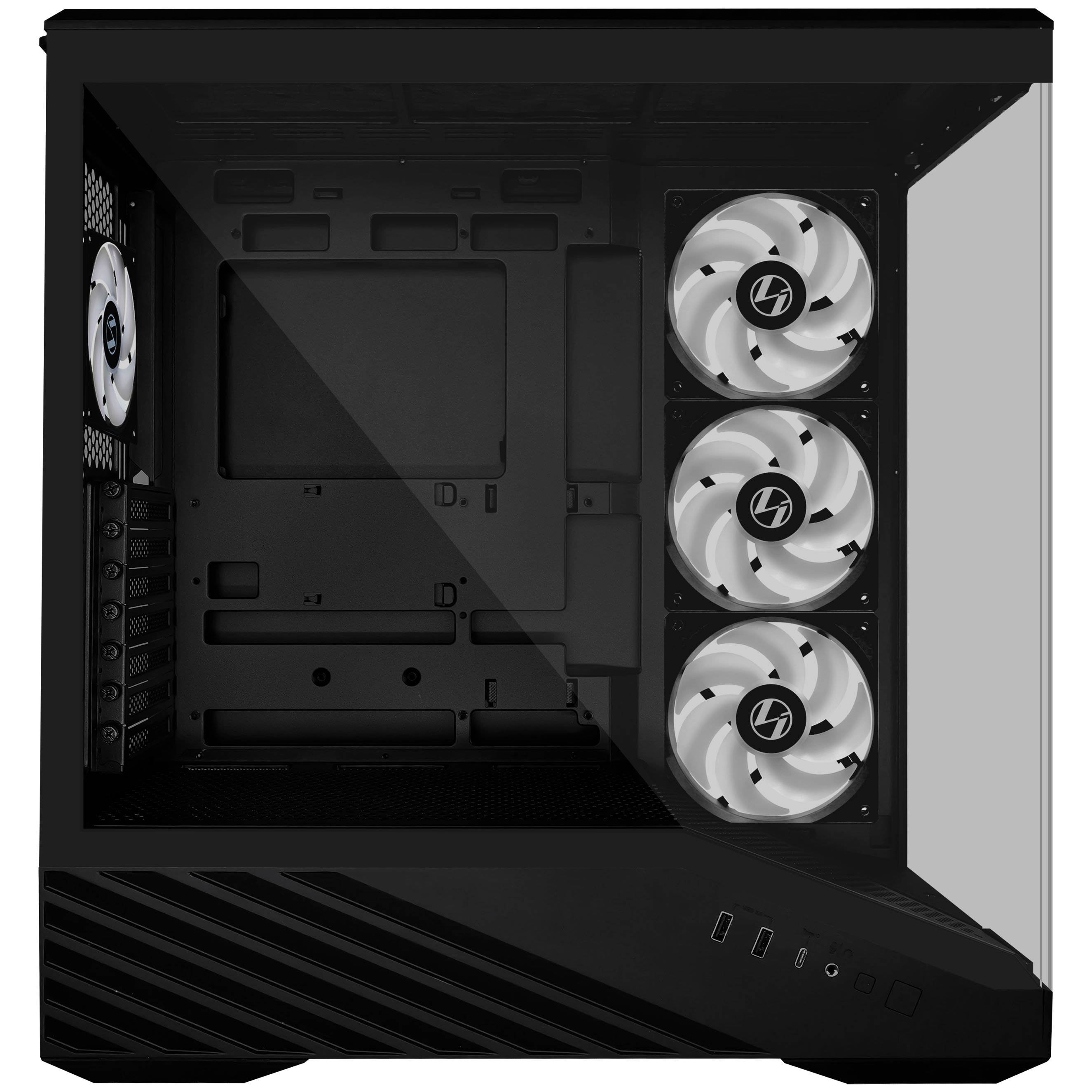 Schwarzes Computergehäuse mit Glasseitenwand. Drei weiße Lüfter sind sichtbar. Das Gehäuse hat eine Frontblende mit Winkellinien.