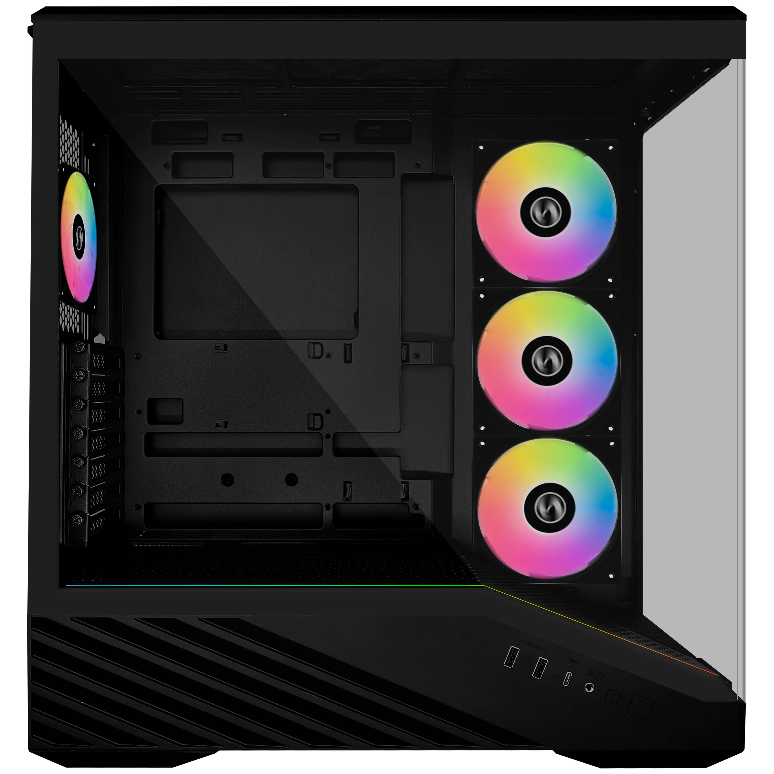 Schwarzes Computergehäuse mit Regenbogenlüftern. Frontblende mit Anschlüssen. Seitenteil aus Glas.