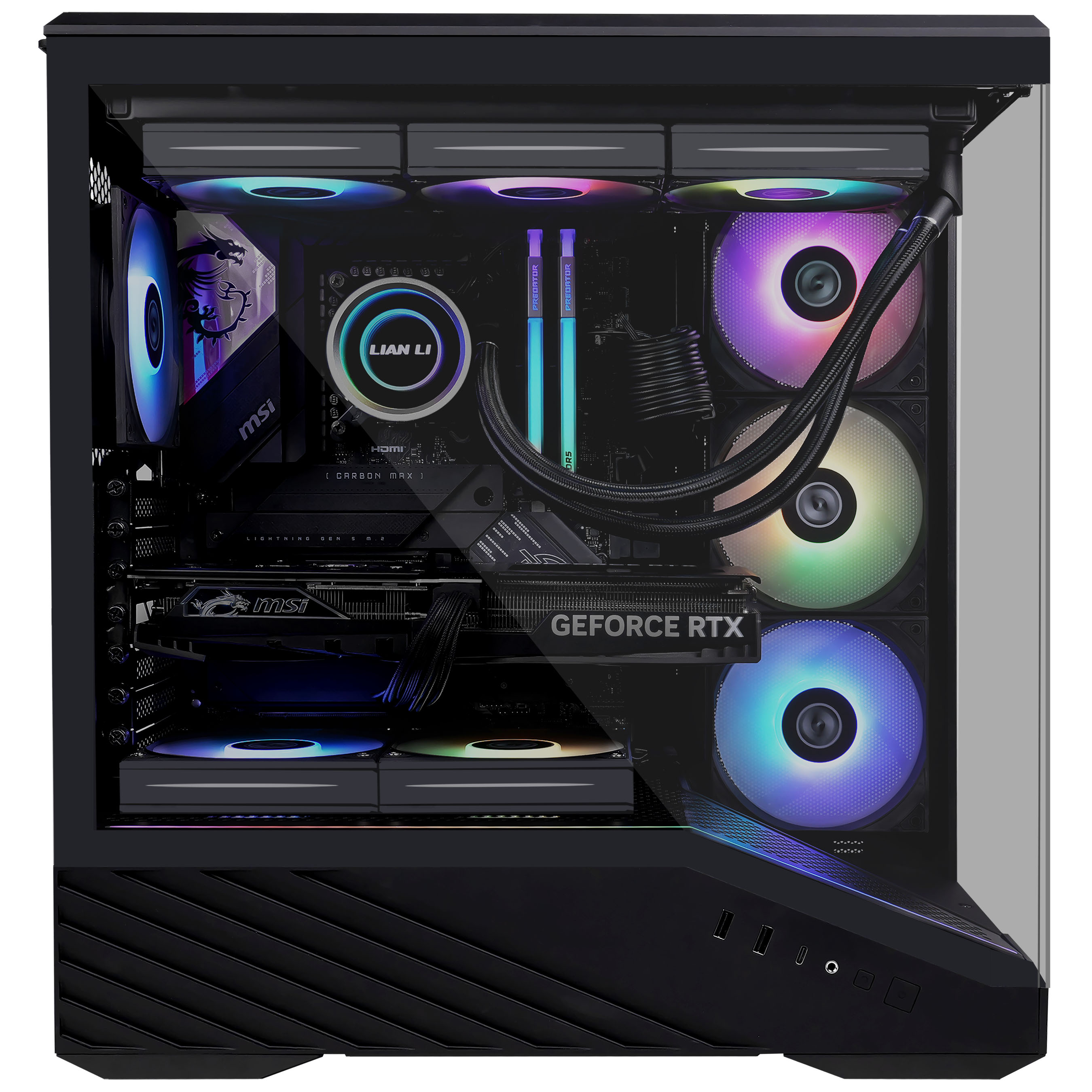 In einem schwarzen Computergehäuse befinden sich Komponenten wie eine Grafikkarte, CPU-Kühler, RAM und Lüfter, alle mit farbigen LEDs beleuchtet.