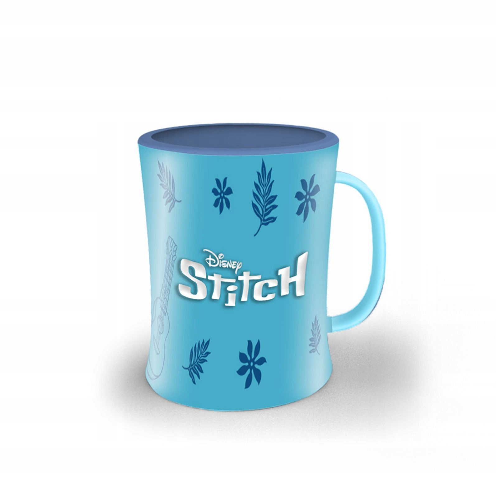 Una taza de Stitch sobre blanco. Azul claro con logo de Stitch y diseño floral. Asa azul claro.