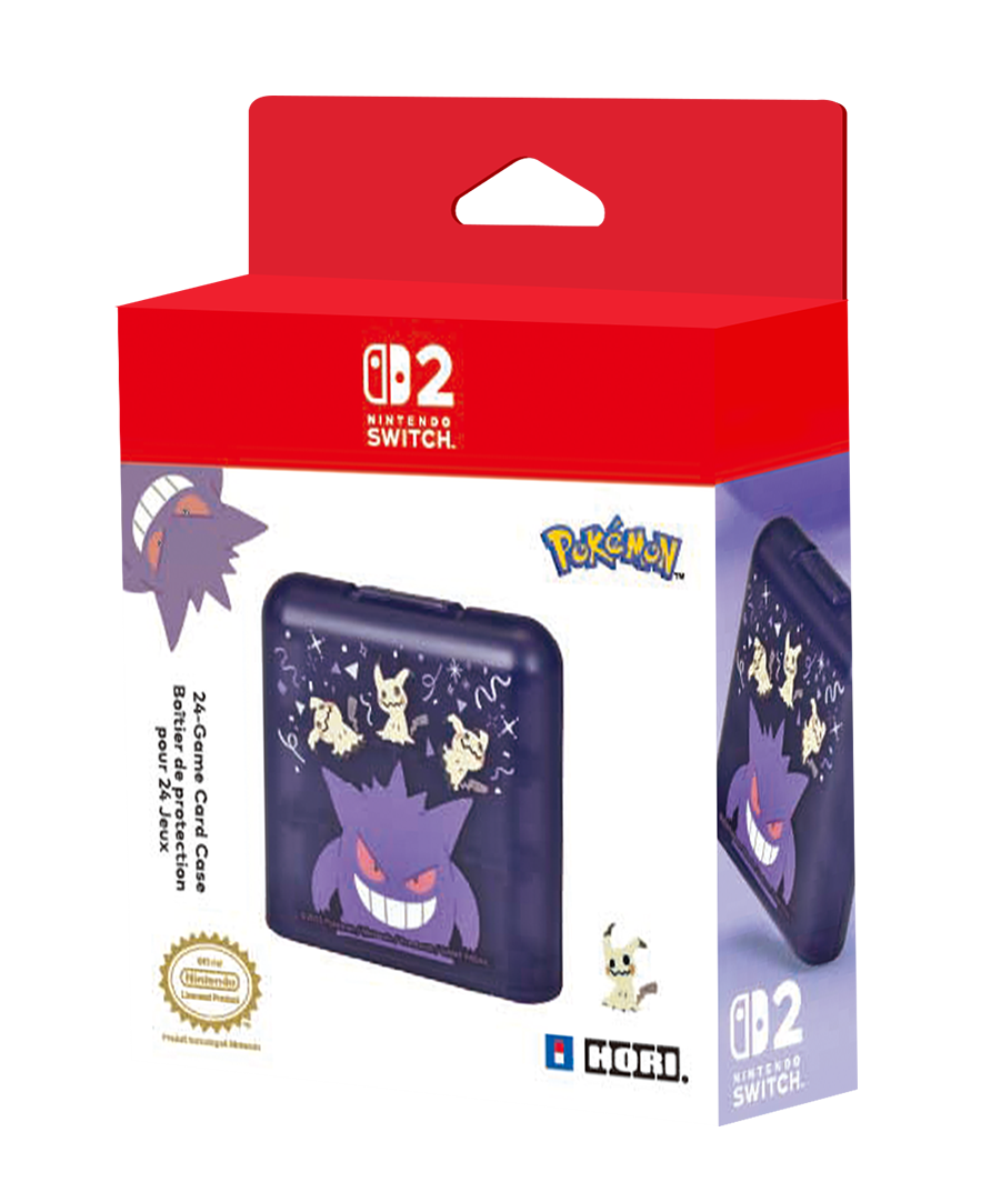 Un estuche para tarjetas de juego de Nintendo Switch con personajes de Pokémon y marca en una caja roja y blanca.