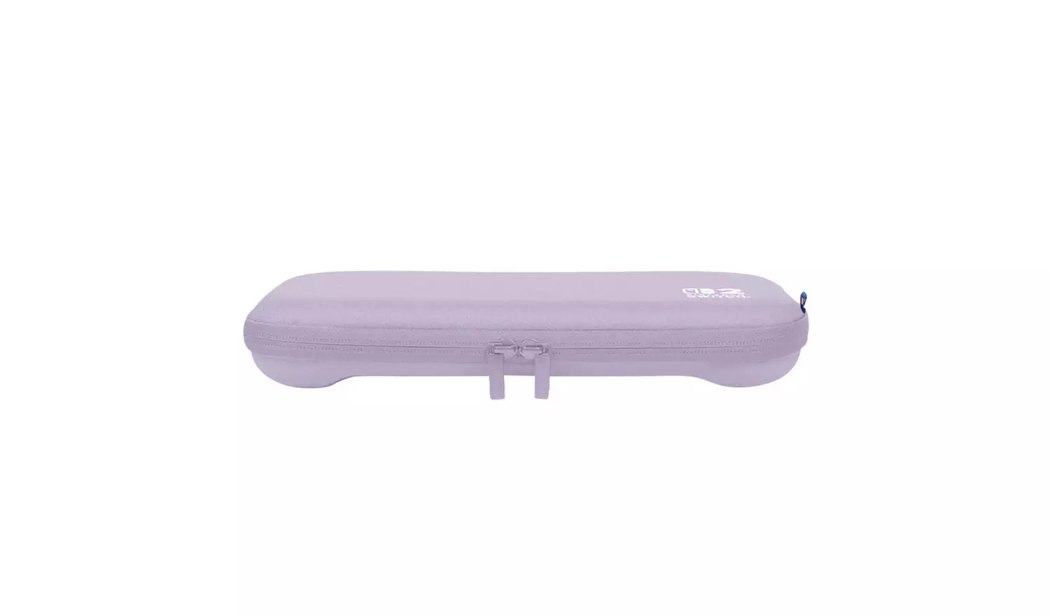 Un estuche de transporte morado claro para electrónica, con cremallera y logotipo. El fondo es blanco.