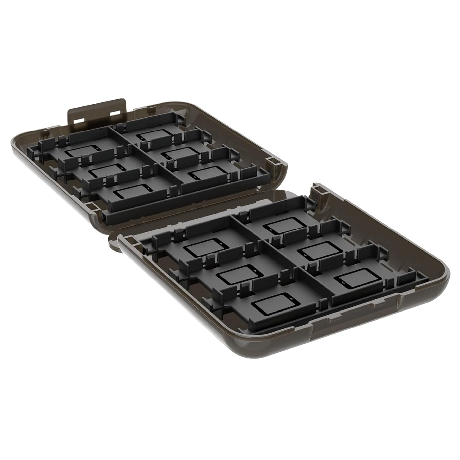 Caja de plástico gris oscuro abierta con compartimentos para guardar pequeños dispositivos electrónicos, como cartuchos de juegos o tarjetas SD.