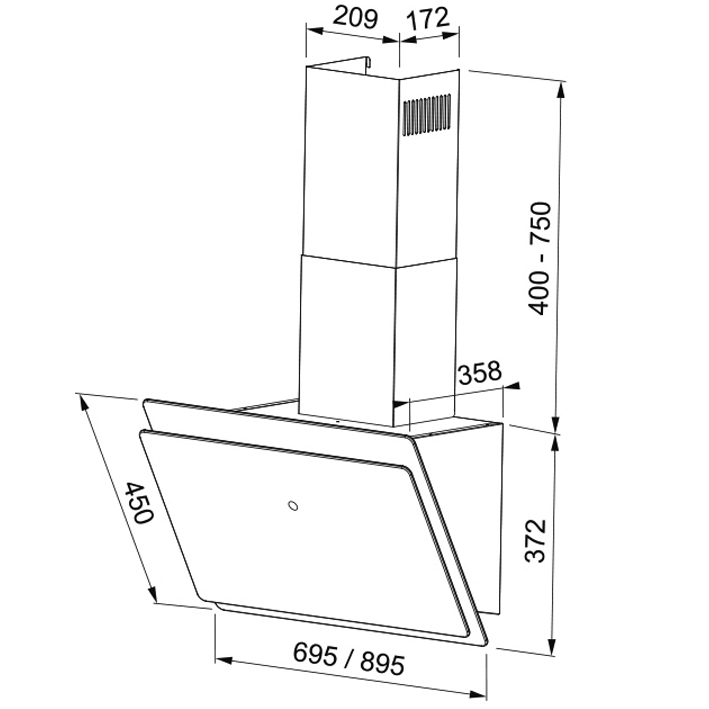 Dibujo técnico de una campana extractora. Dimensiones etiquetadas: 695/895mm, 450mm, 372mm, 400-750mm. La campana tiene forma rectangular.