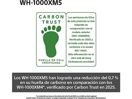 La imagen muestra un logotipo verde de huella de carbono 'Carbon Trust'. El texto indica que WH-1000XM5 tiene una reducción del 0,7% de huella de carbono.