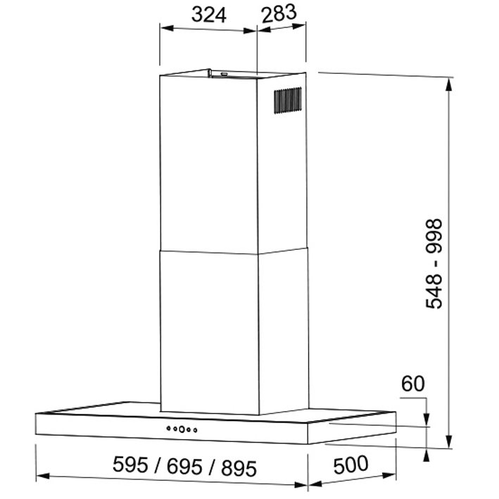 Diagrama de una campana de cocina con dimensiones. Es rectangular con una chimenea alta y cuadrada. Las medidas están etiquetadas en milímetros.