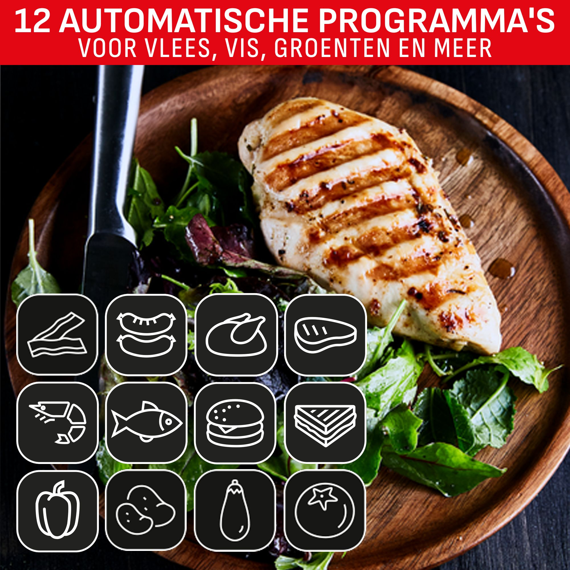 Gegrilde kip op houten bord met salade en 12 voedseliconen.