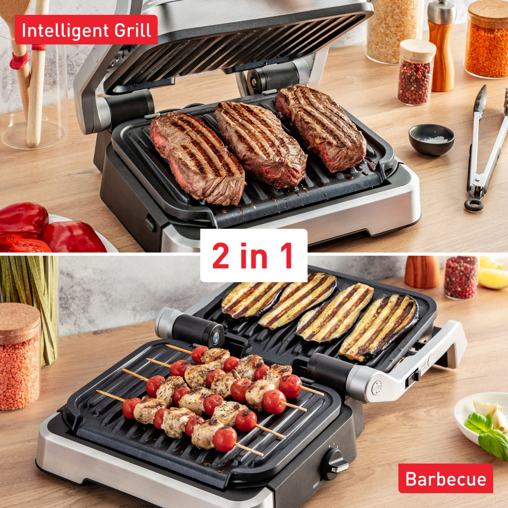 Intelligent grill with steaks and vegetables. A 2-in-1 device for barbecue. Grilled chicken skewers and eggplant.