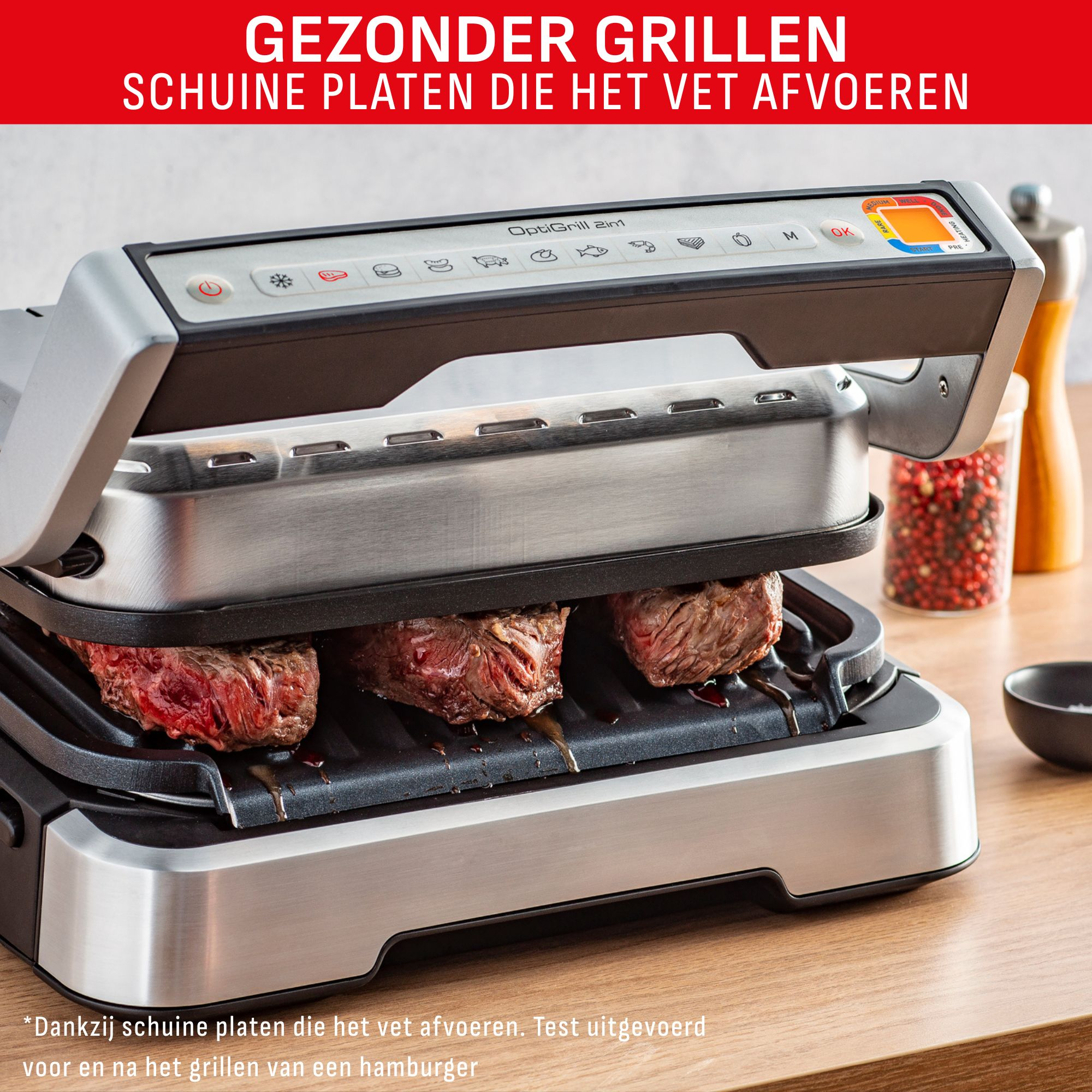 An OptiGrill grilling steaks. The grill is open, showing the steaks on the grill. Red text says 'Healthy Grilling'.