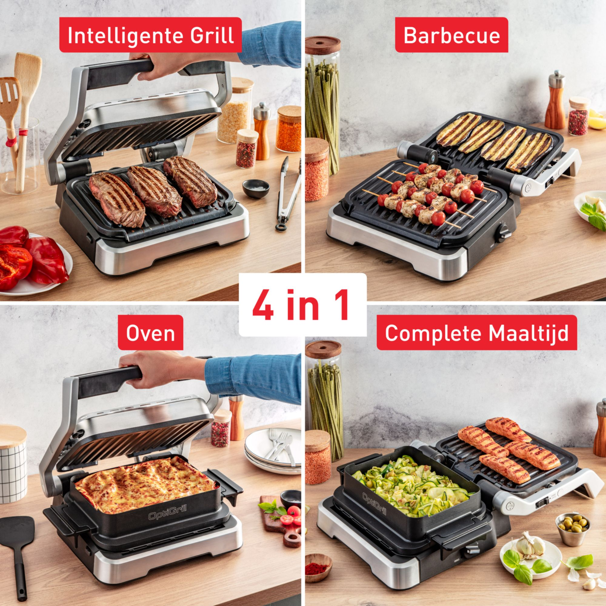 Vier-in-één grill met intelligente grill met steaks, barbecue met groenten en spiesjes, oven met lasagne en complete maaltijd.