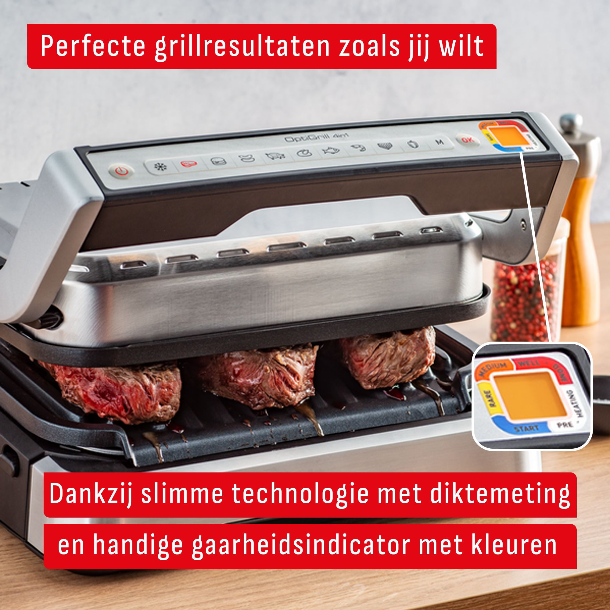 Een elektrische grill met steaks die op de grill garen. Er is een indicator die het gaarniveau toont en tekst.