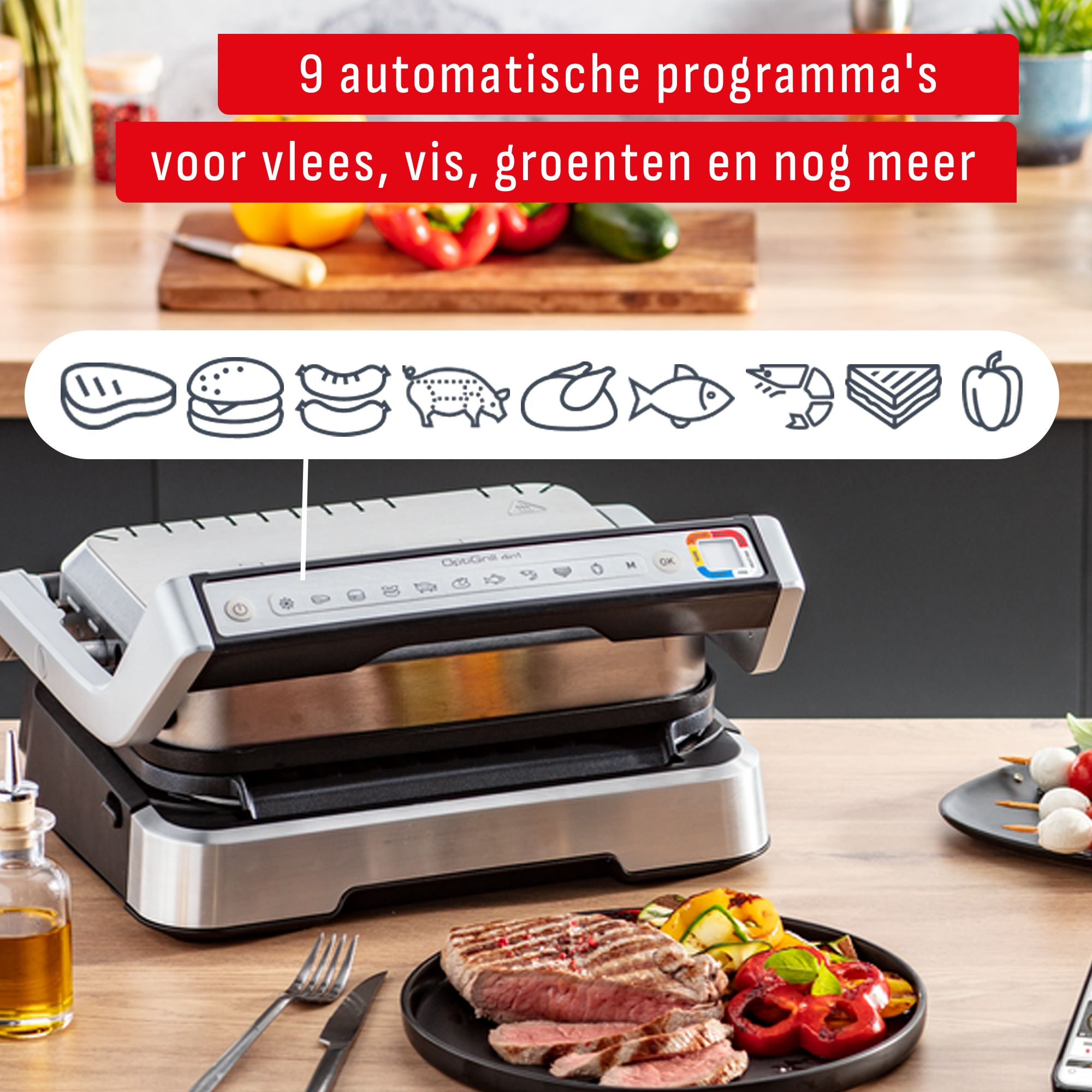 Een grill met voedseliconen en gebakken biefstuk met groenten op een bord. Rode tekst bovenaan zegt '9 automatische programma's'.