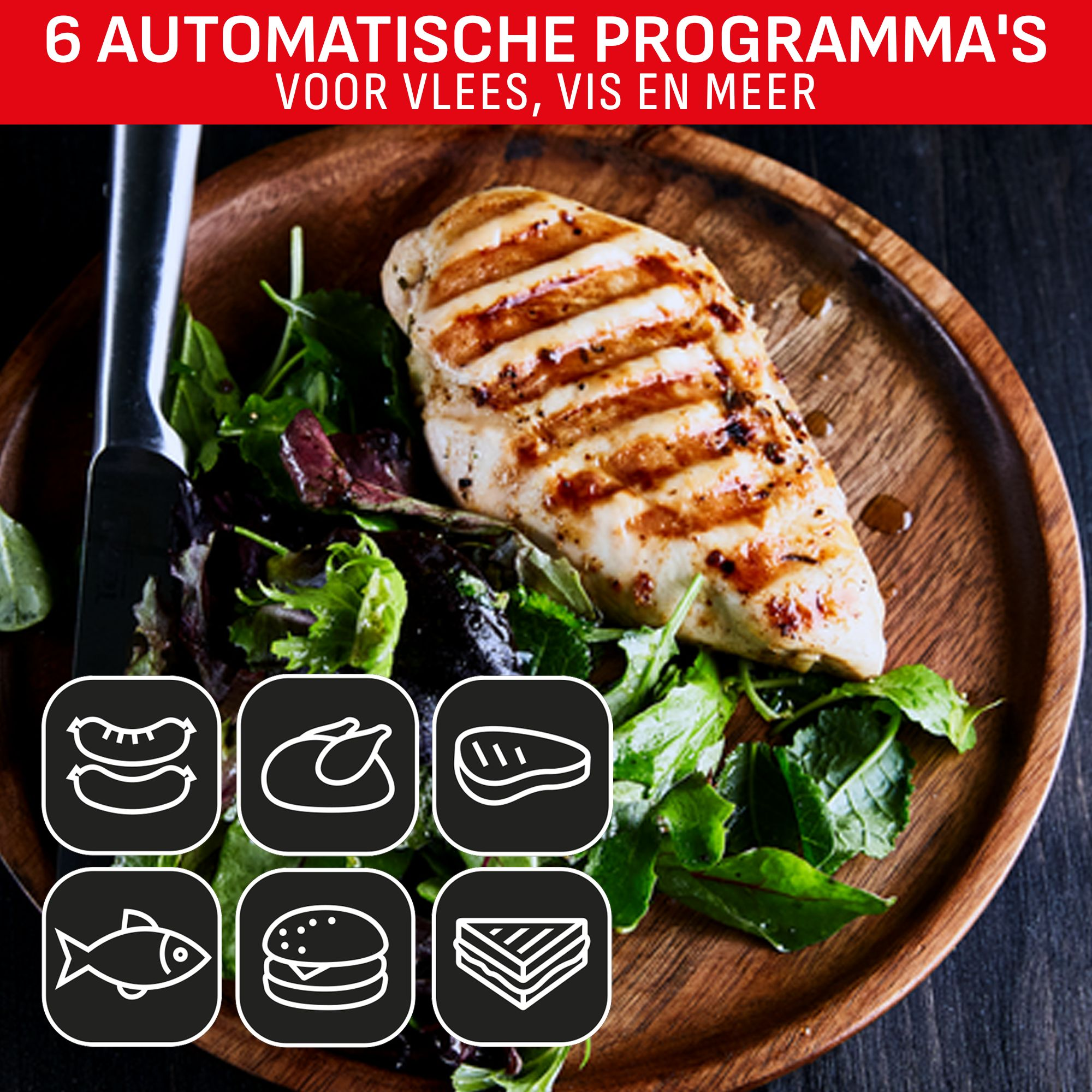 Gegrilde kipfilet op houten bord met salade en iconen voor vlees, vis en meer. Rode banner bovenaan.