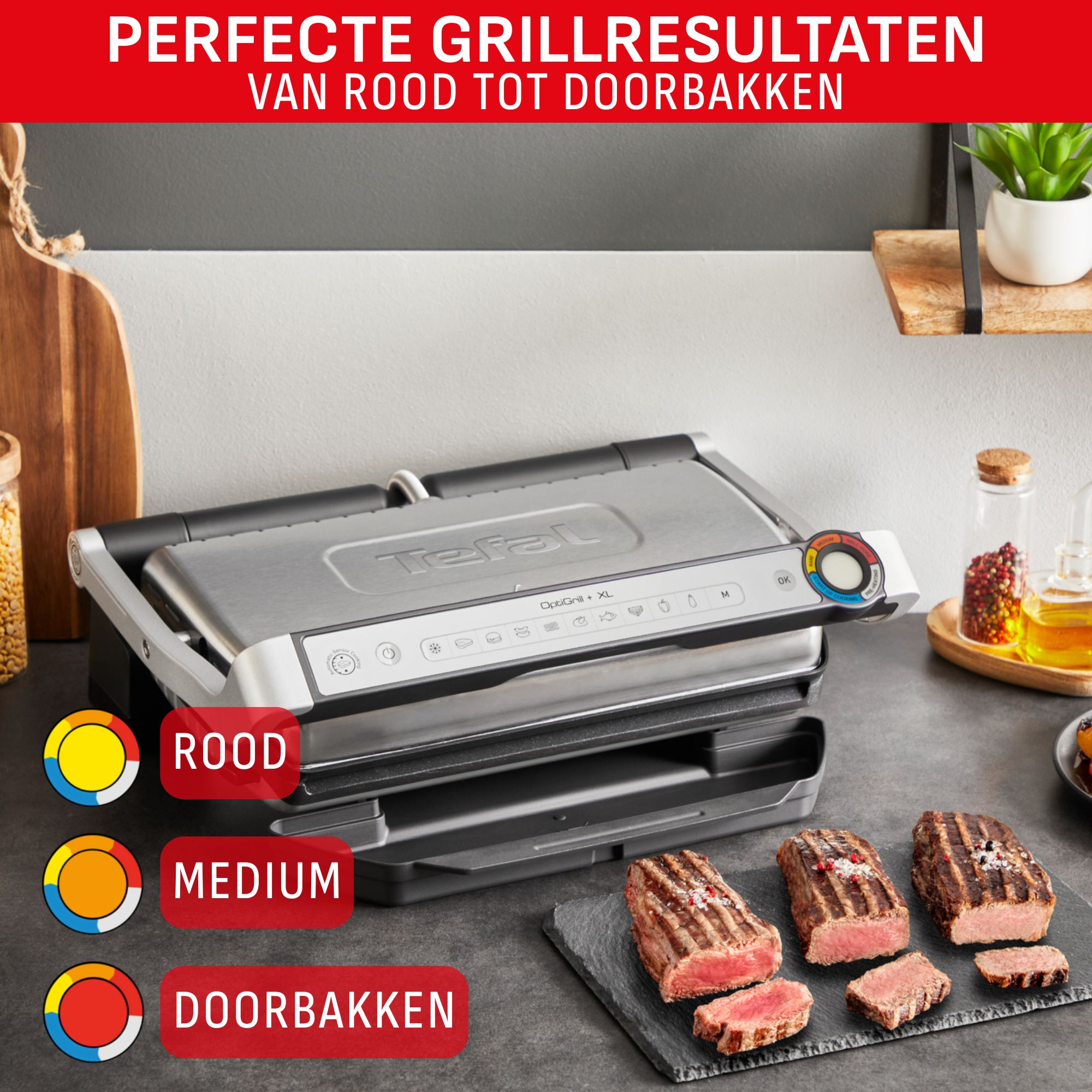 Tefal OptiGrill XL with grilled steaks, showing doneness levels. Text reads 'Perfect grilling results'.