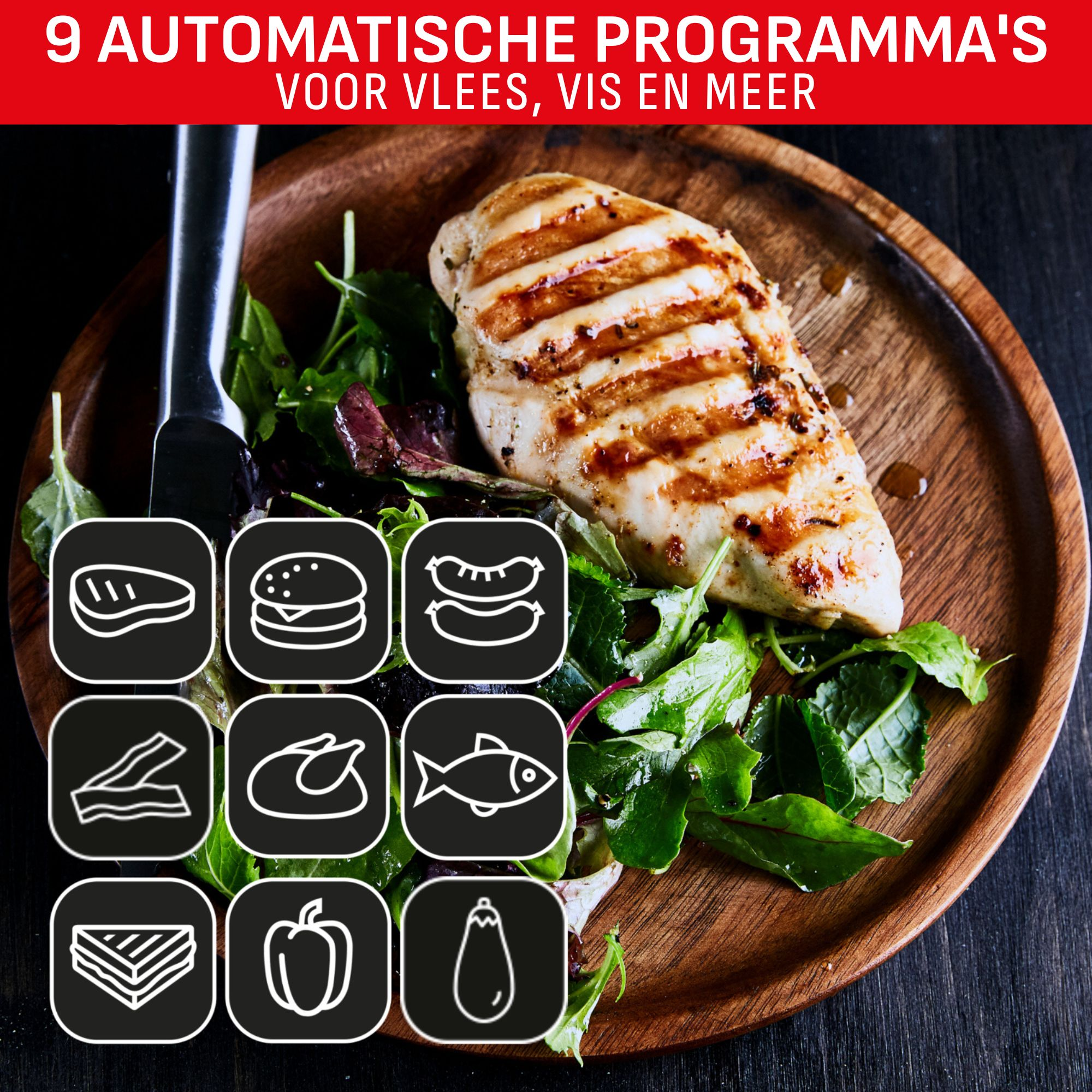 Grilled chicken breast on a wooden plate with salad and icons of food items.