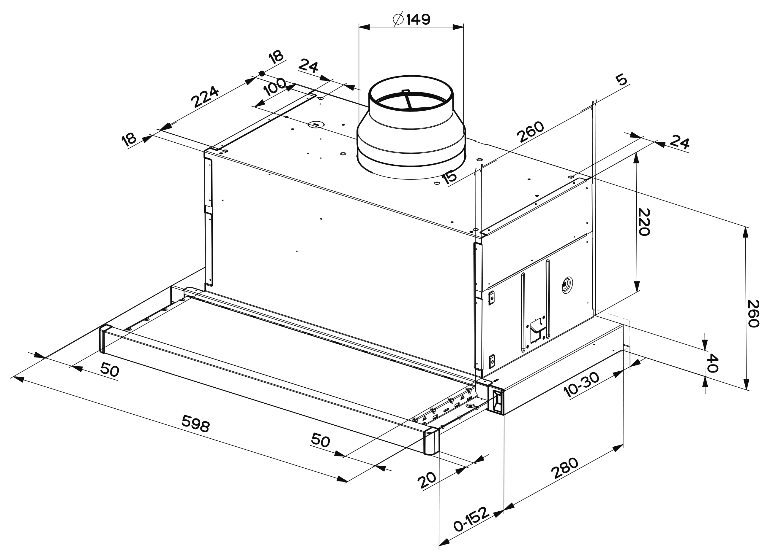 Vista isométrica de una campana de cocina con dimensiones en negro. El conducto es cilíndrico.