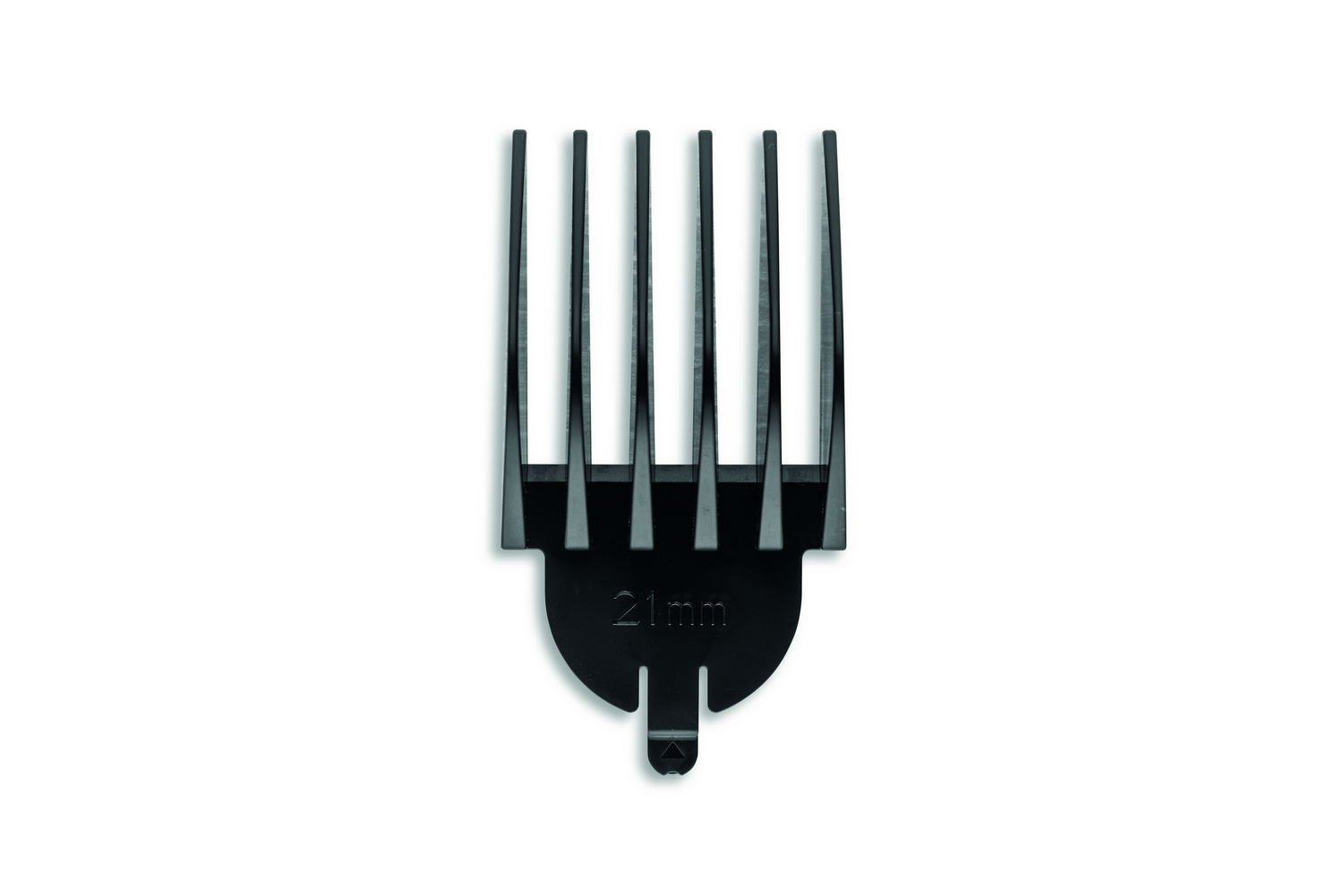 Un protector de cortapelos negro de 21 mm. Tiene múltiples púas y una base curva con la medida impresa.