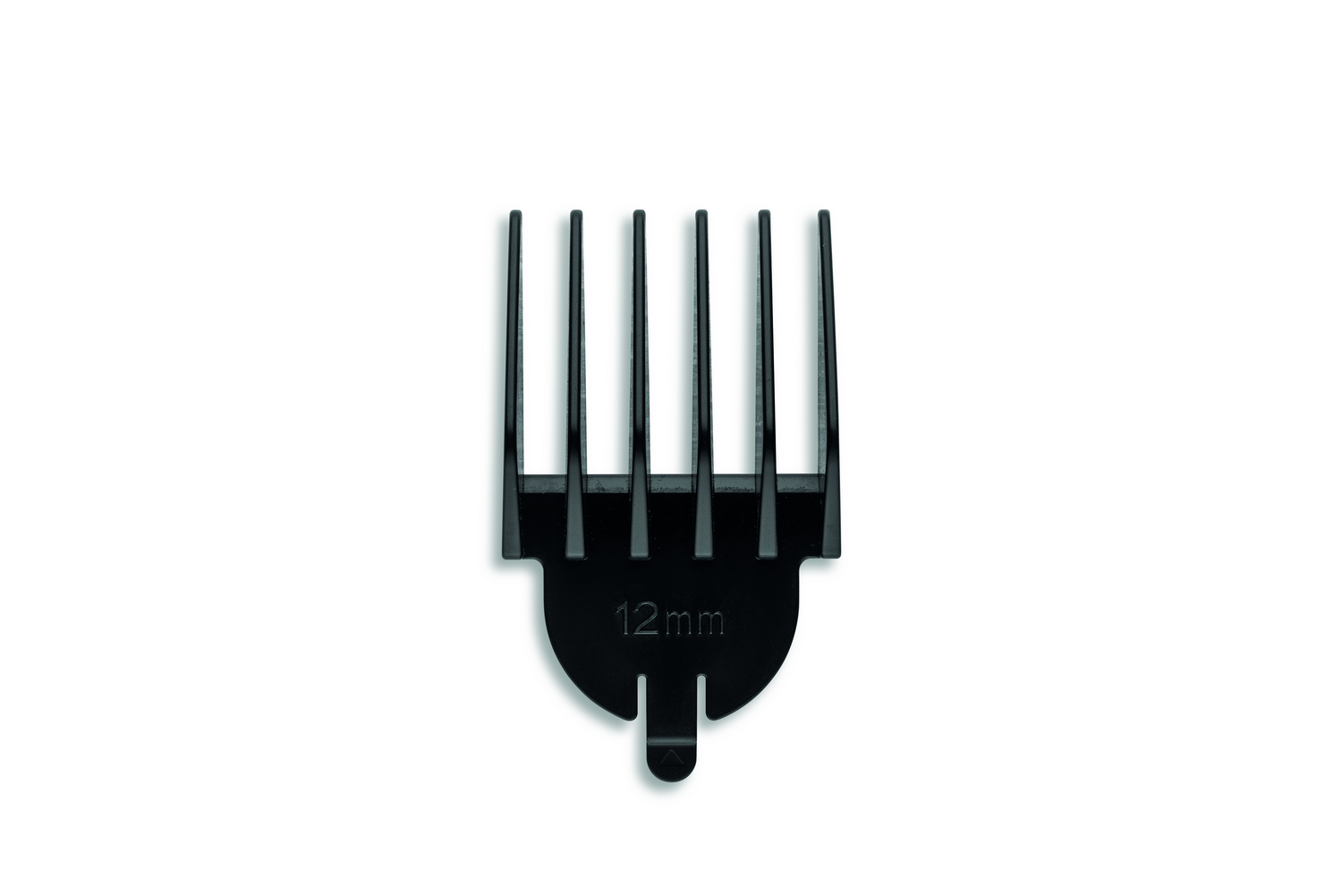 Accesorio negro de cortapelos de 12 mm. Tiene una estructura de peine con múltiples púas y una base curva con la marca '12 mm'.