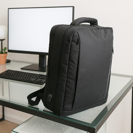 Una mochila negra sobre un escritorio de cristal. Un monitor de ordenador y un teclado al fondo, junto a una pequeña planta y lámpara.