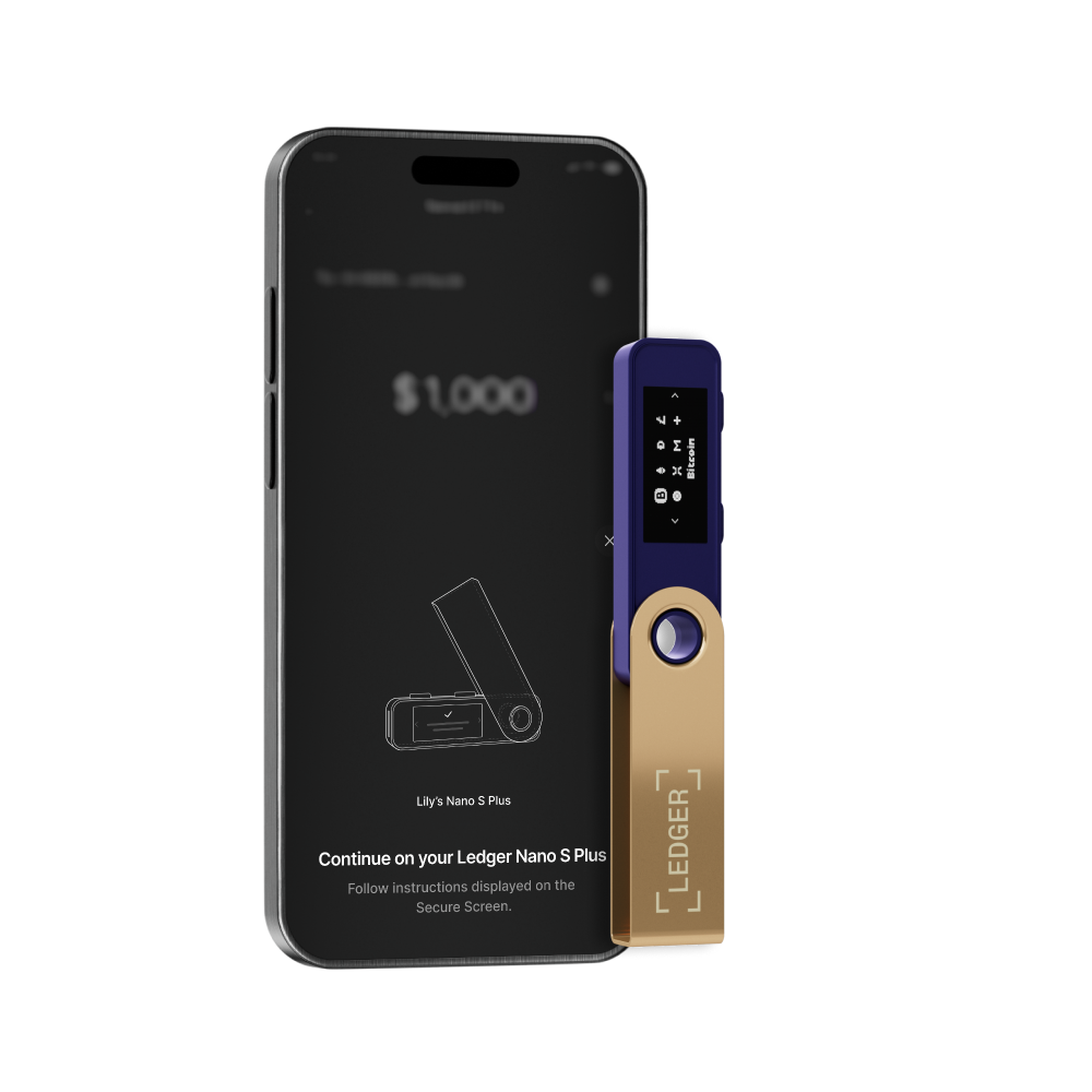 Un Ledger Nano S Plus y un smartphone que muestra una transacción. El Ledger es azul y dorado, el teléfono muestra $1,000.