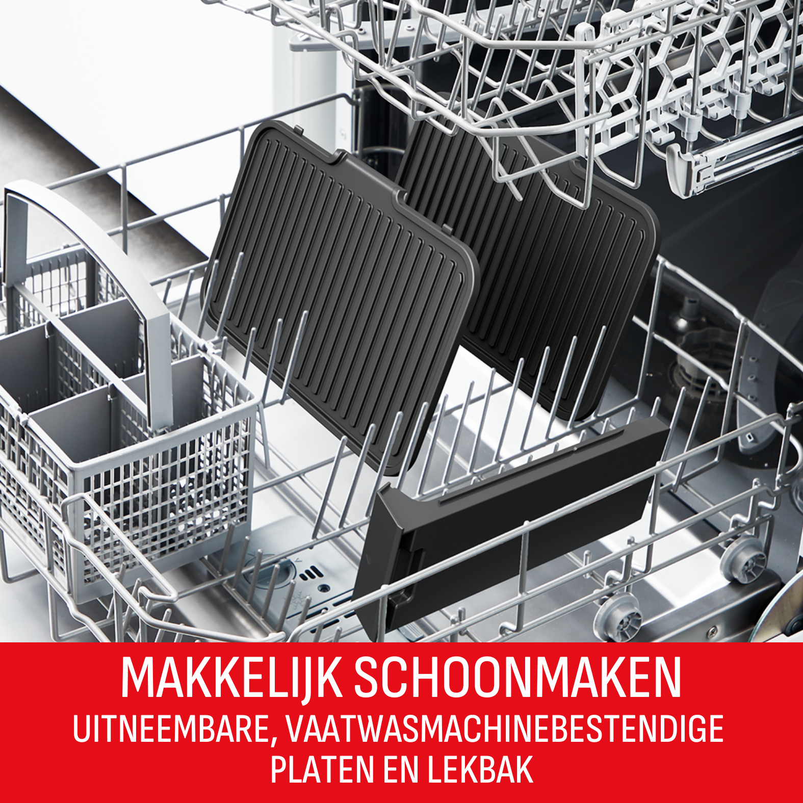 Dishwasher interior with black grill plates. A basket and drip tray are also visible. Text at the bottom reads 'Easy cleaning'.
