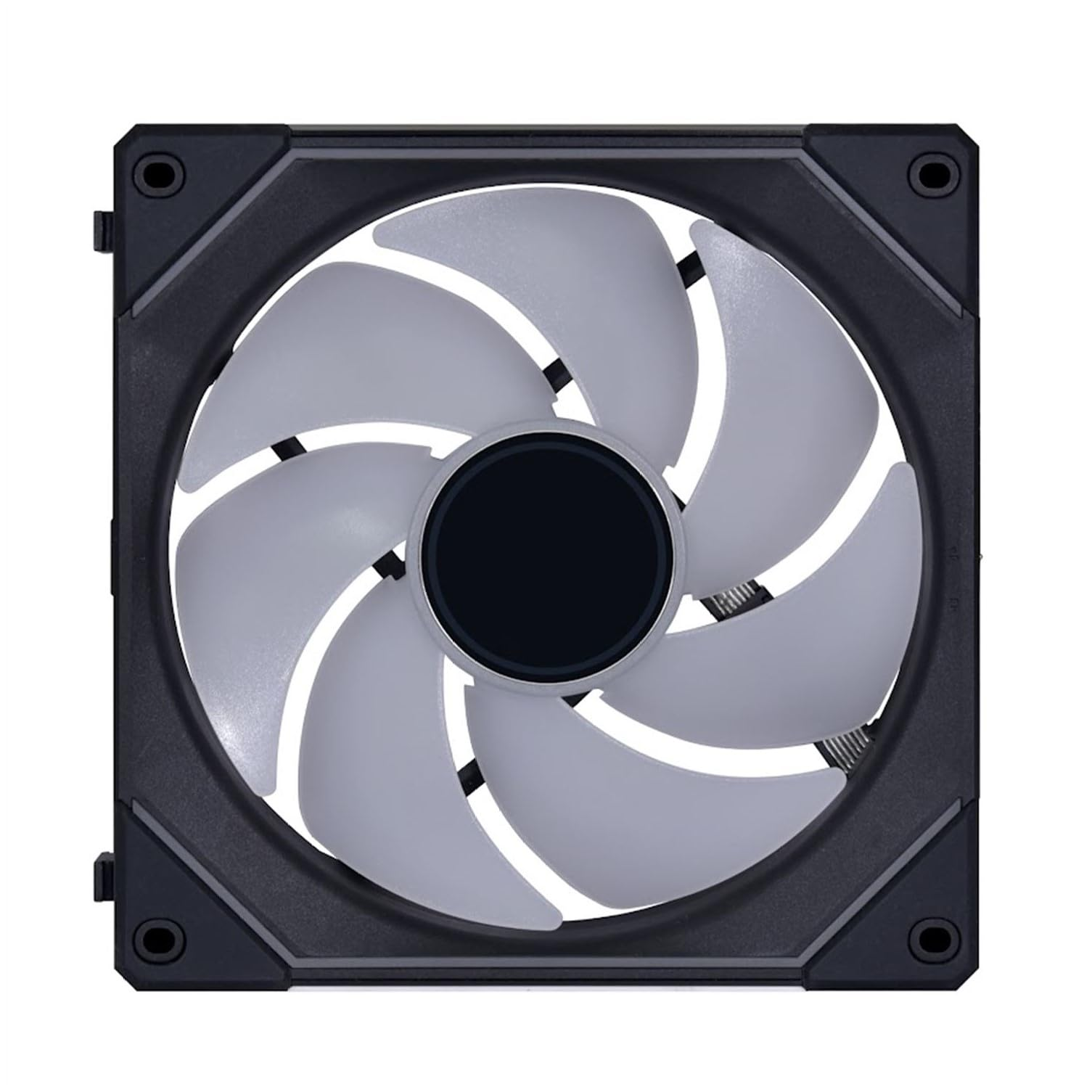 Ein Computerlüfter mit schwarzem Rahmen und grauen Flügeln. Die Mitte ist schwarz. Schrauben sind an den Ecken sichtbar.