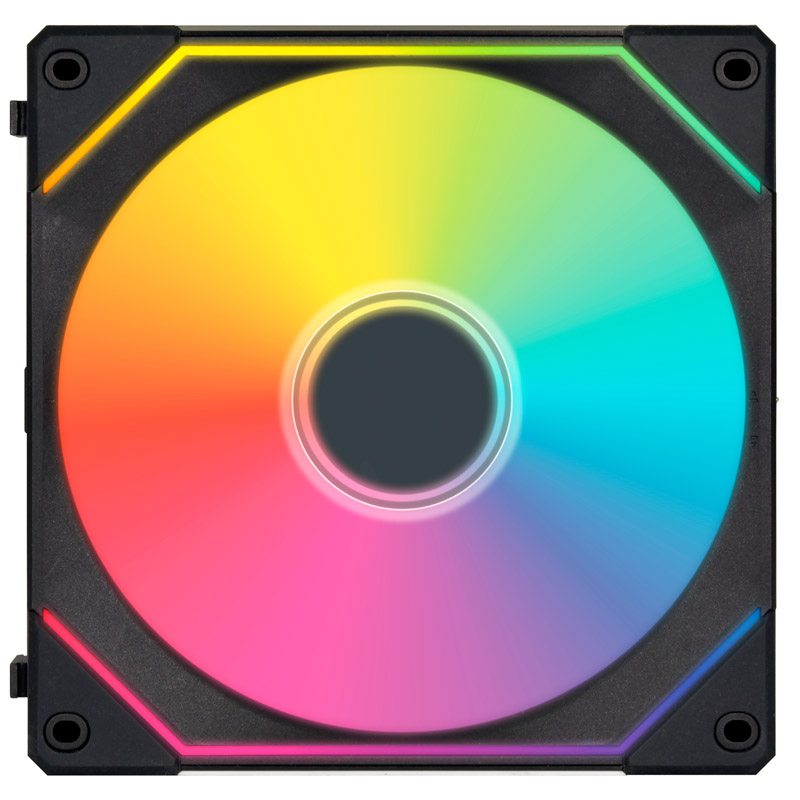 Ein Computerlüfter mit einem regenbogenfarbenen Innenkreis und einem schwarzen quadratischen Rahmen mit LED-Leuchten.