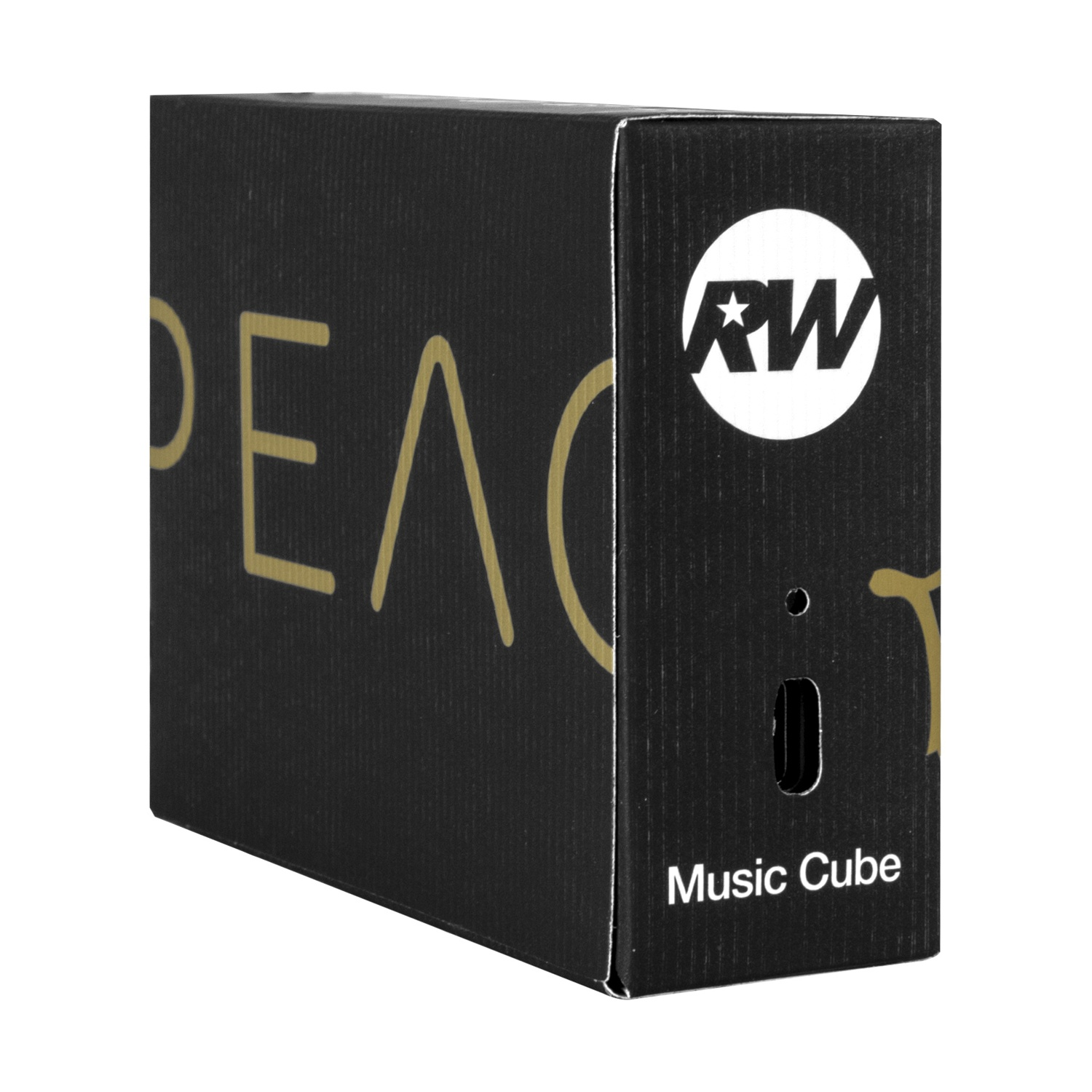 Scatola nera con scritta 'PEAC' dorata, logo bianco 'RW' e testo 'Music Cube'.
