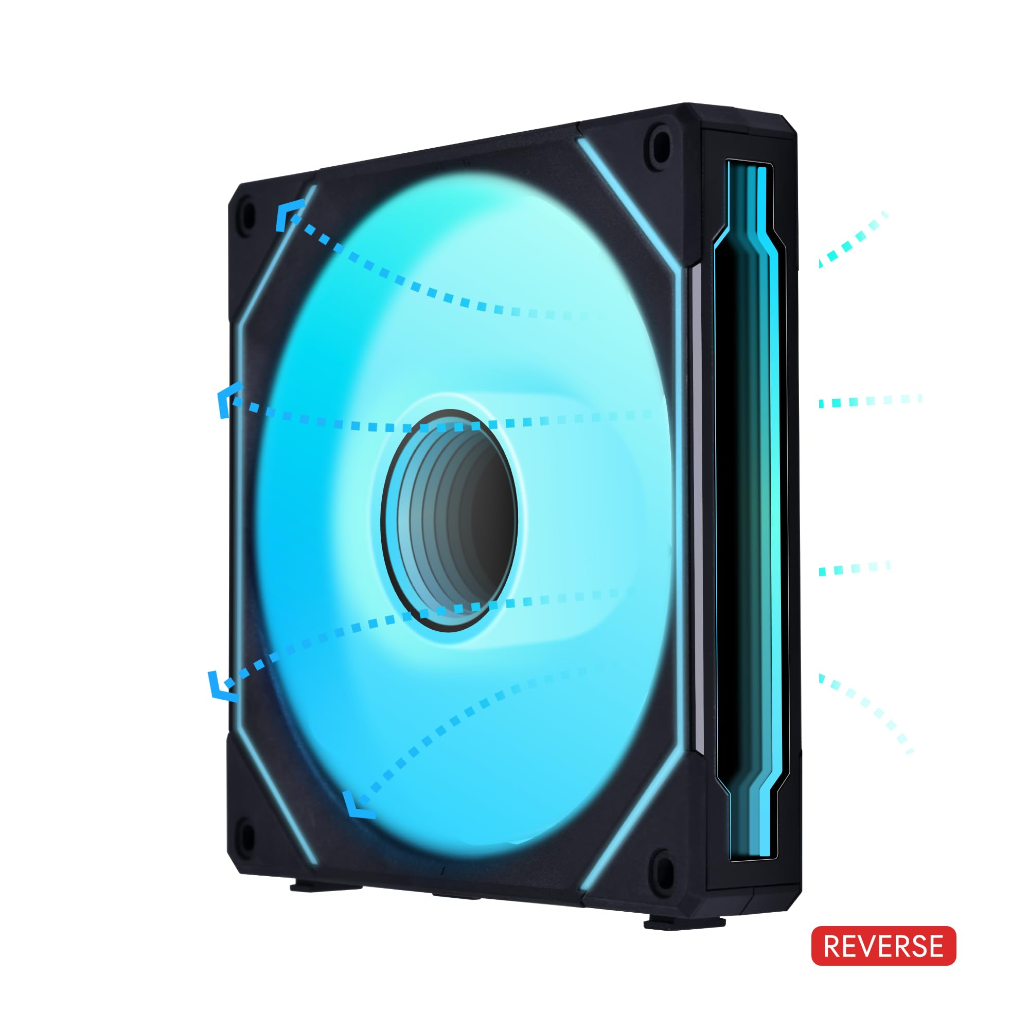 Ein Computerlüfter mit blauem Licht. Er ist schwarz und quadratisch, mit einem zentralen kreisförmigen Bereich und Luftstromindikatoren.