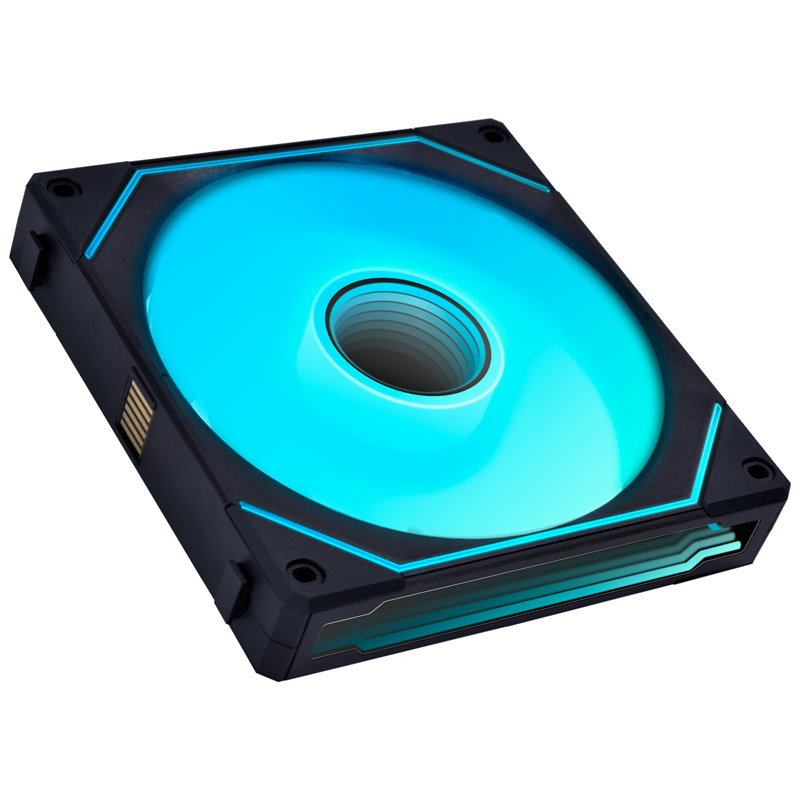 Ein Computerlüfter mit blau leuchtendem Zentrum und schwarzem Gehäuse. Die Mitte hat ein kreisförmiges Design. Die Ecken haben Befestigungslöcher.