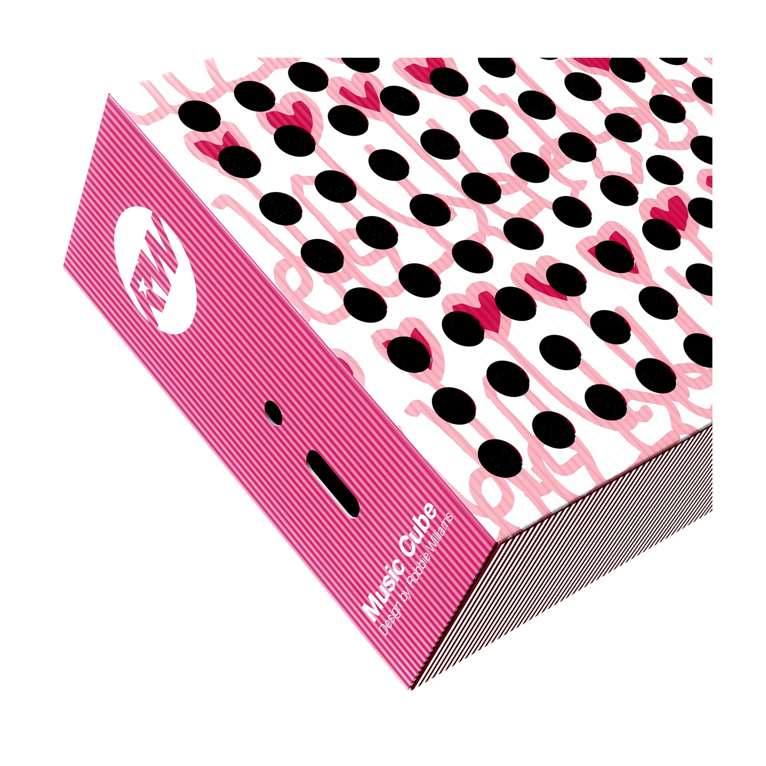 Una scatola Music Cube rosa e bianca con punti neri e linee rosa. Ha il logo RW ed è progettata da Robbie Williams.
