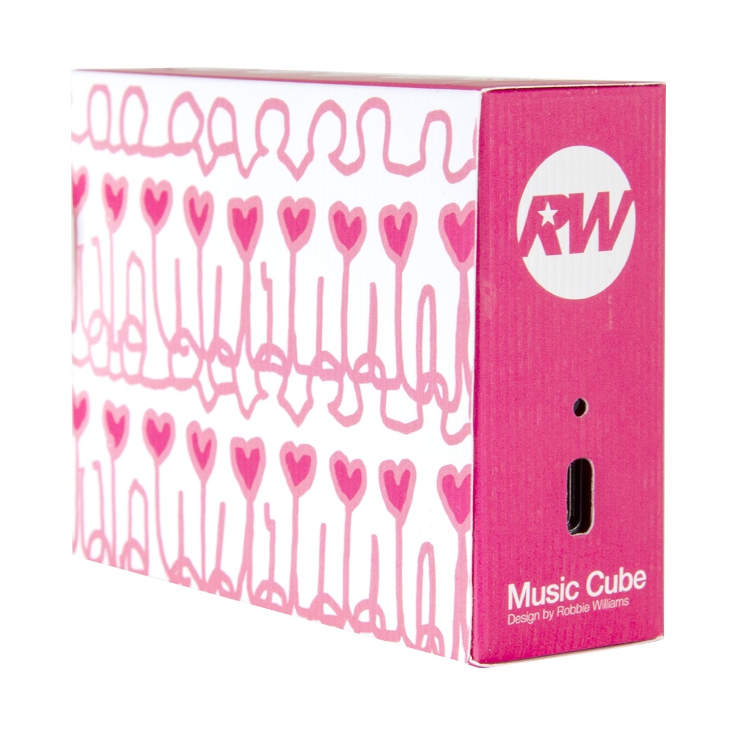 Una scatola Music Cube rosa e bianca con un motivo a cuore, logo RW e le parole "Music Cube" e "Design by Robbie Williams".