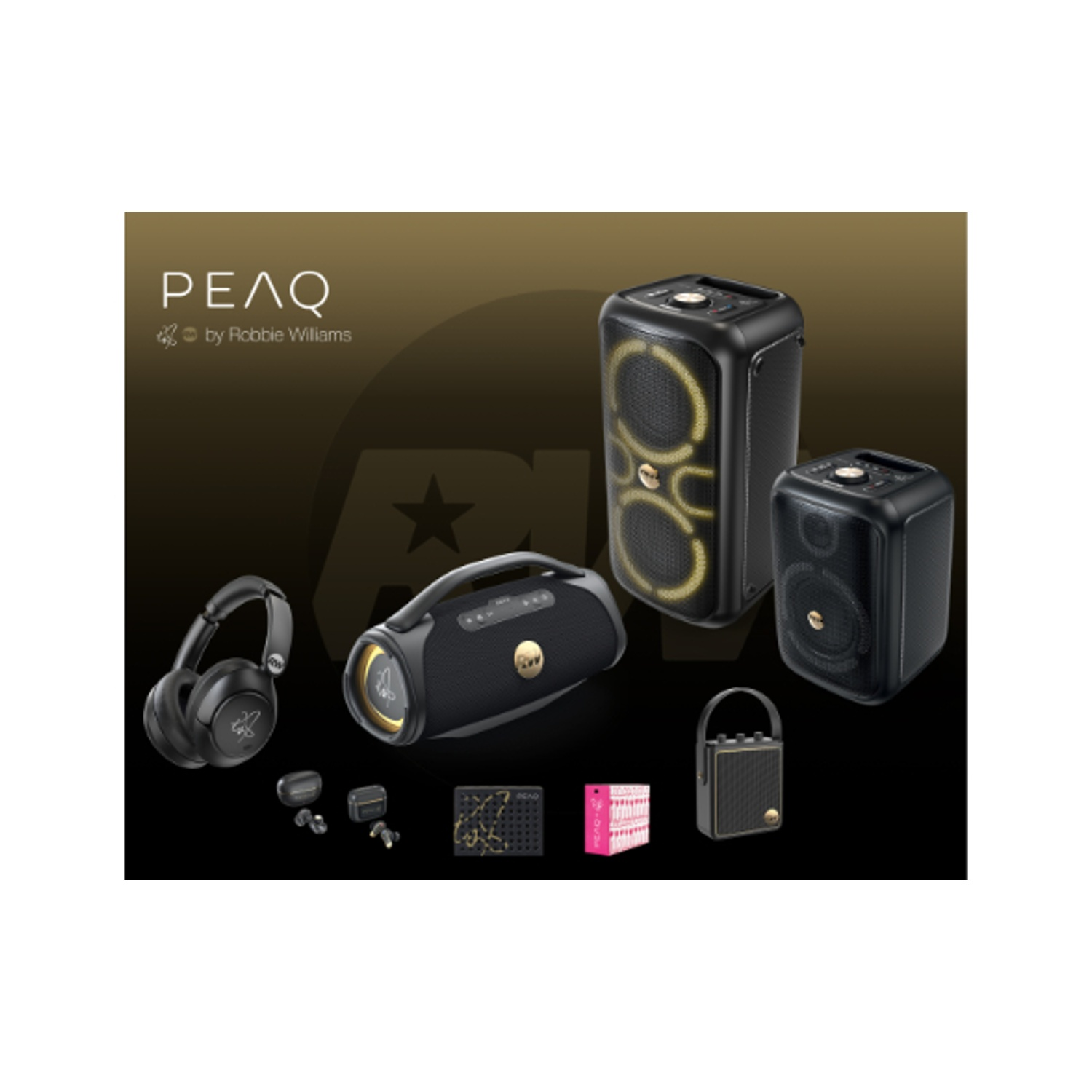 Vari dispositivi audio PEAQ neri di Robbie Williams: cuffie, altoparlanti, auricolari e un piccolo amplificatore, esposti su una superficie nera.