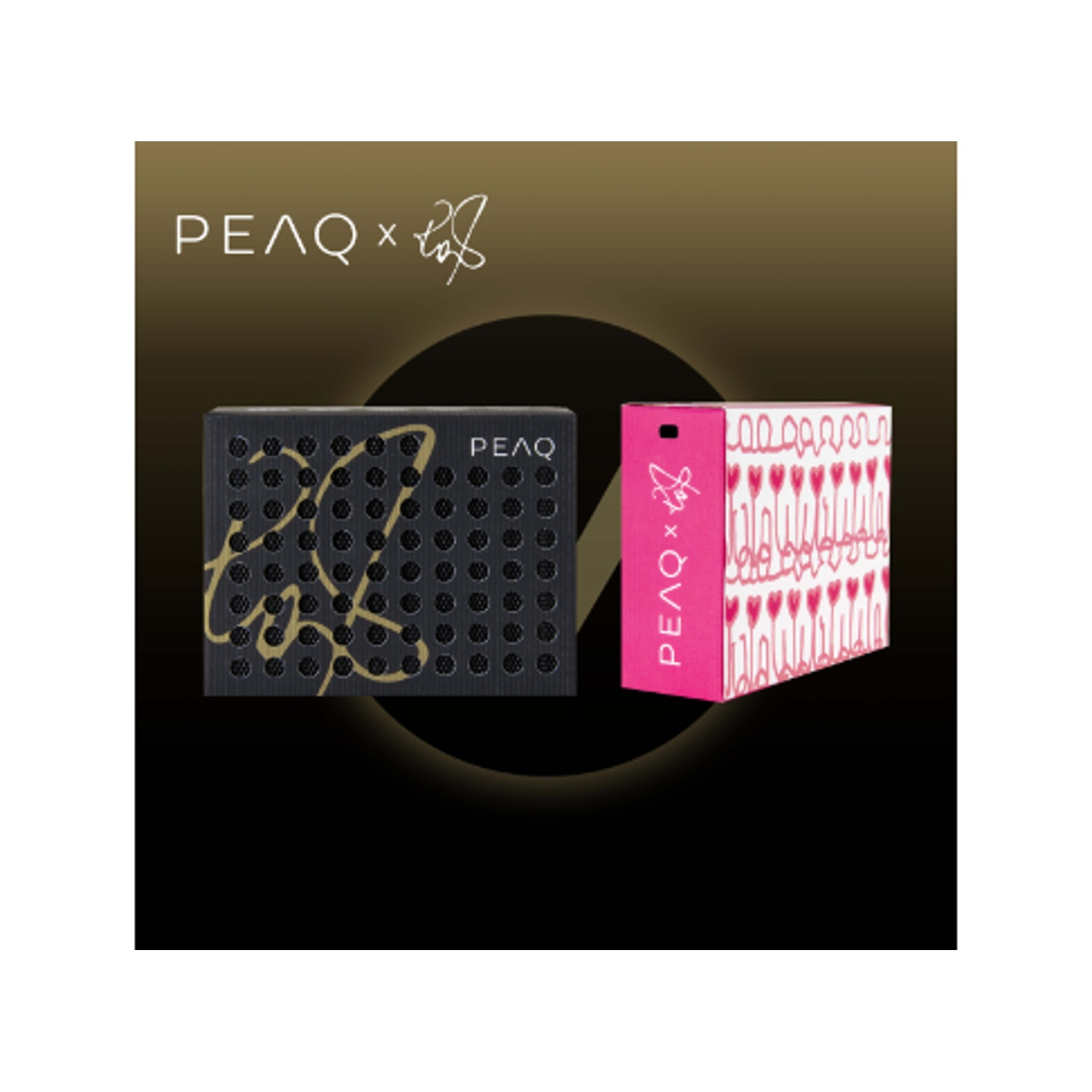 Due altoparlanti. Uno nero con scritta dorata, l'altro rosa con cuori bianchi. Marchio PEAQ.