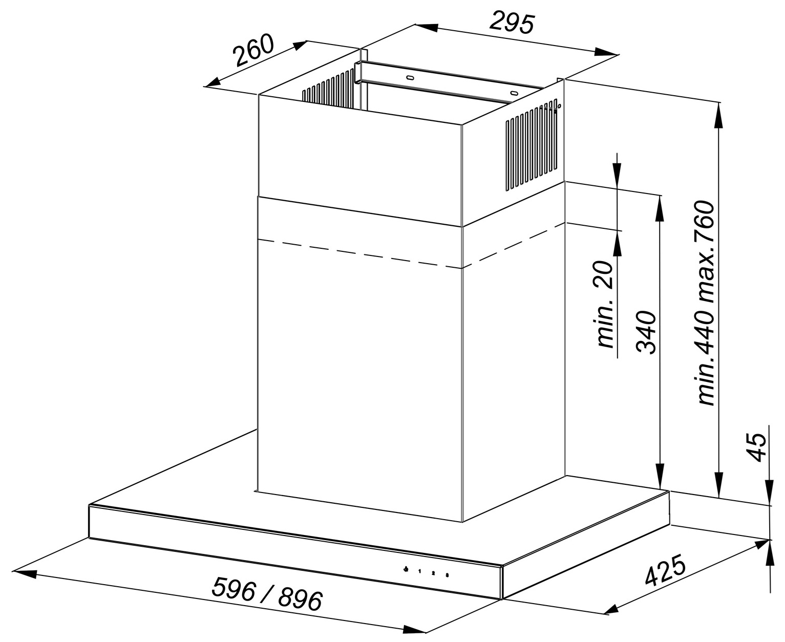 Schemat okapu kuchennego z wymiarami w milimetrach. Okap jest prostokątny, z kominem i panelem sterowania.