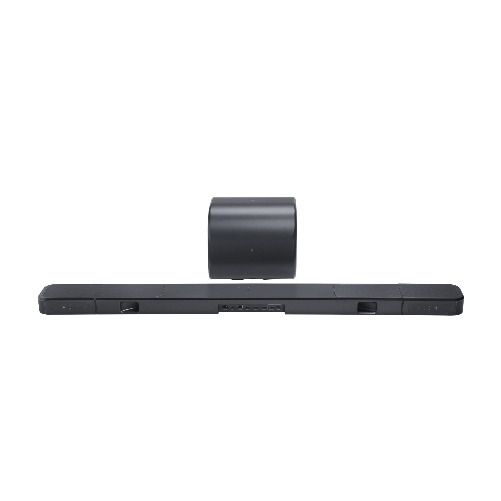 Beyaz zemin üzerinde, eşleşen bir subwoofer'a sahip, koyu gri bir soundbar. Soundbar uzun ve dikdörtgen.