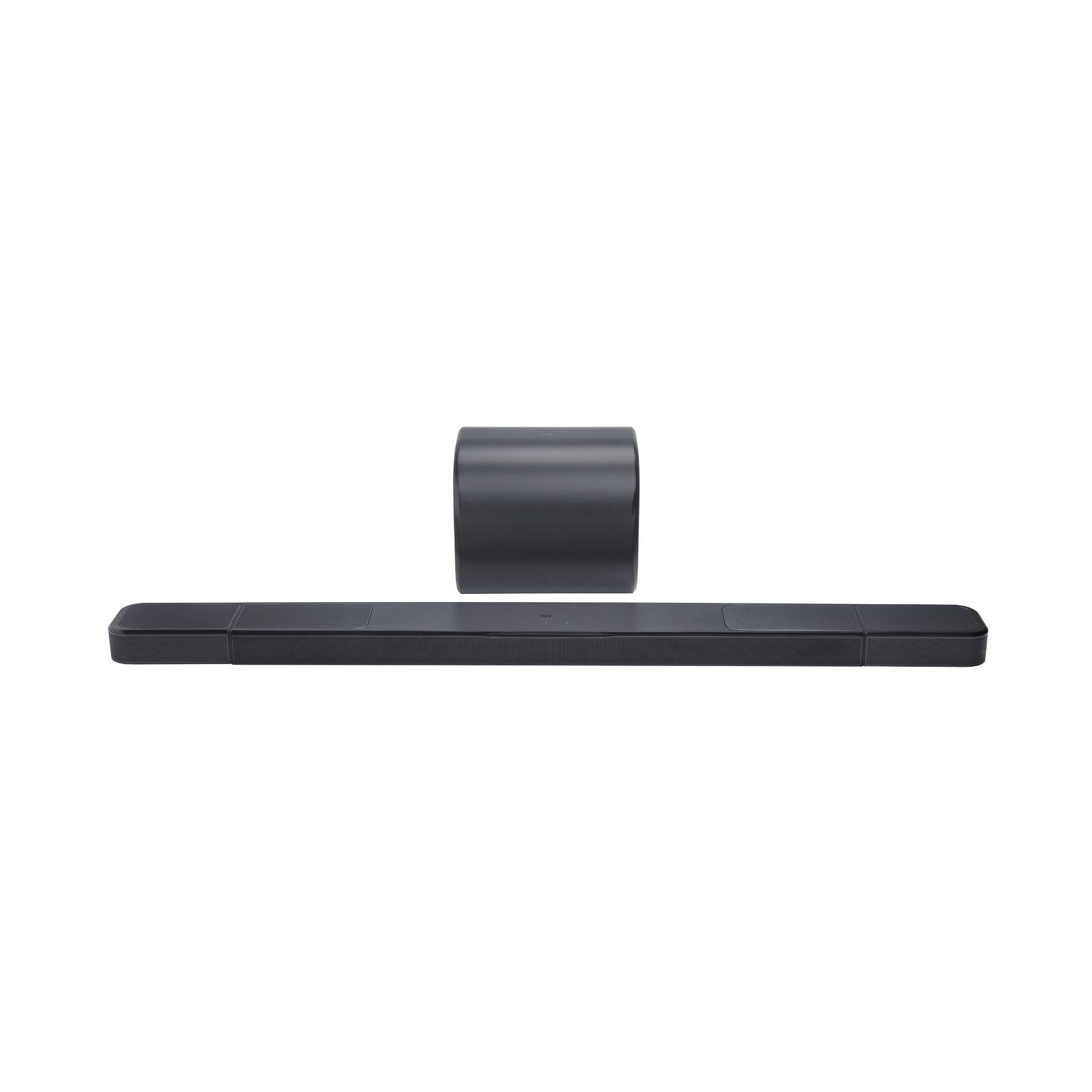 Beyaz zemin üzerinde siyah bir soundbar ve silindirik bir subwoofer. Soundbar uzun ve dikdörtgen.