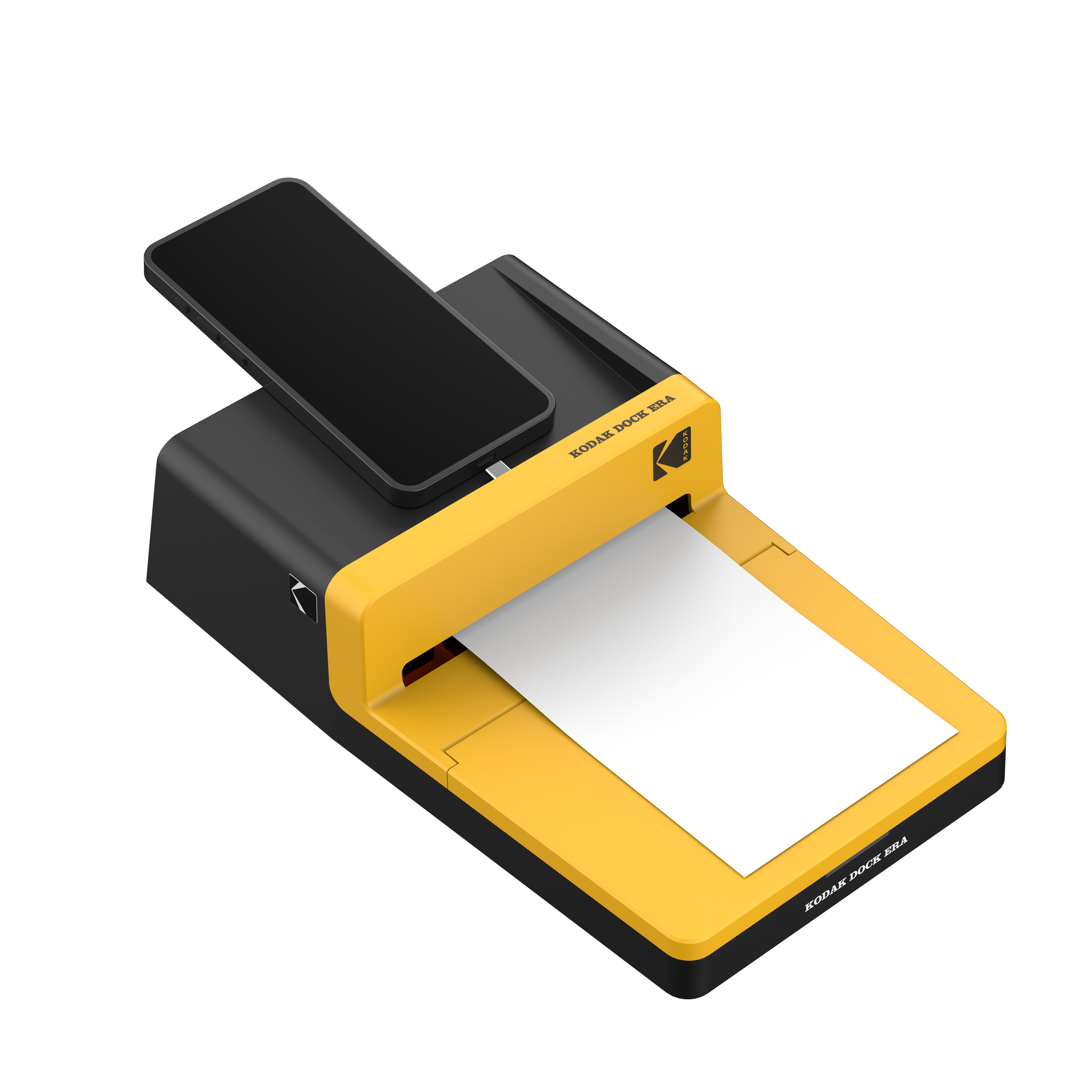 Siyah bir akıllı telefon, içinde beyaz kağıt bulunan sarı ve siyah bir Kodak Dock Era yazıcının üzerinde duruyor.