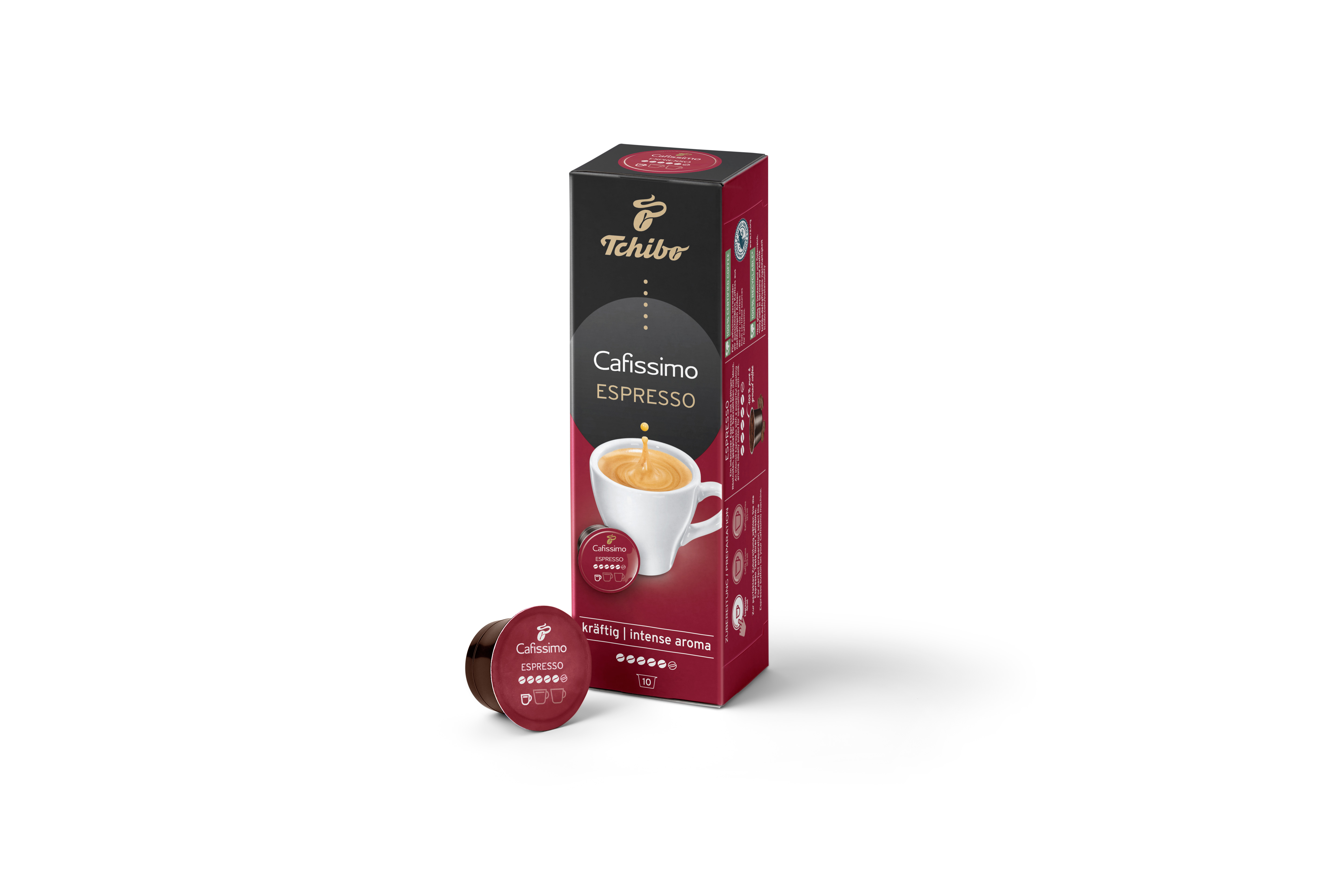 Bir kutu Cafissimo espresso kapsülü, bir kapsül ve beyaz bir yüzeyde beyaz bir fincan.
