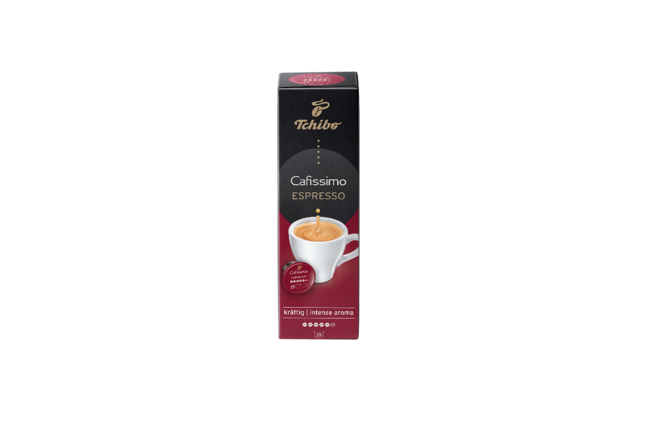 Tchibo Cafissimo Espresso kutusu. Kahve döken bir kahve fincanı, bir kapsül ve siyah ve kırmızı bir arka plan üzerinde metin içerir.