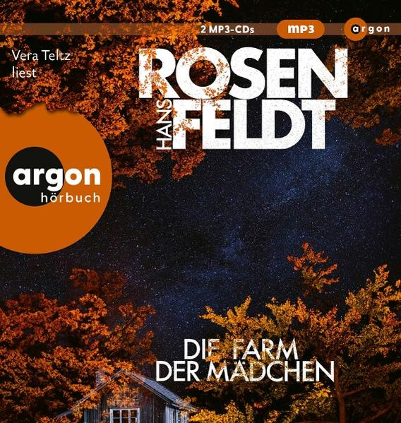 Buchcover mit Nachthimmel. Titel 'Rosenfeldt' über einem Wald. Ein orangefarbener Kreis mit 'argon hörbuch' links.