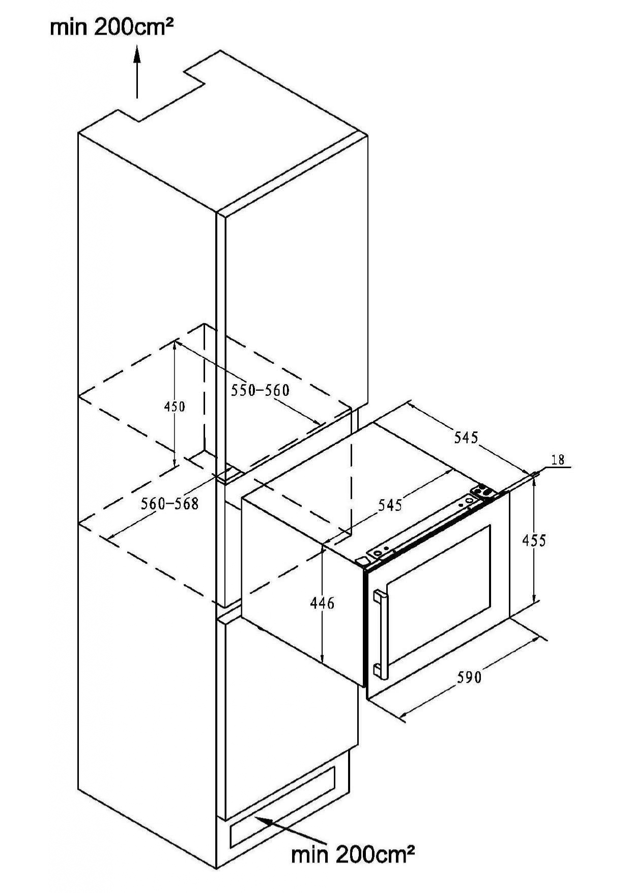 Diagrama de un horno empotrado y el gabinete circundante. Las dimensiones se indican en milímetros. Incluye anotaciones de texto como 'min 200cm²'.