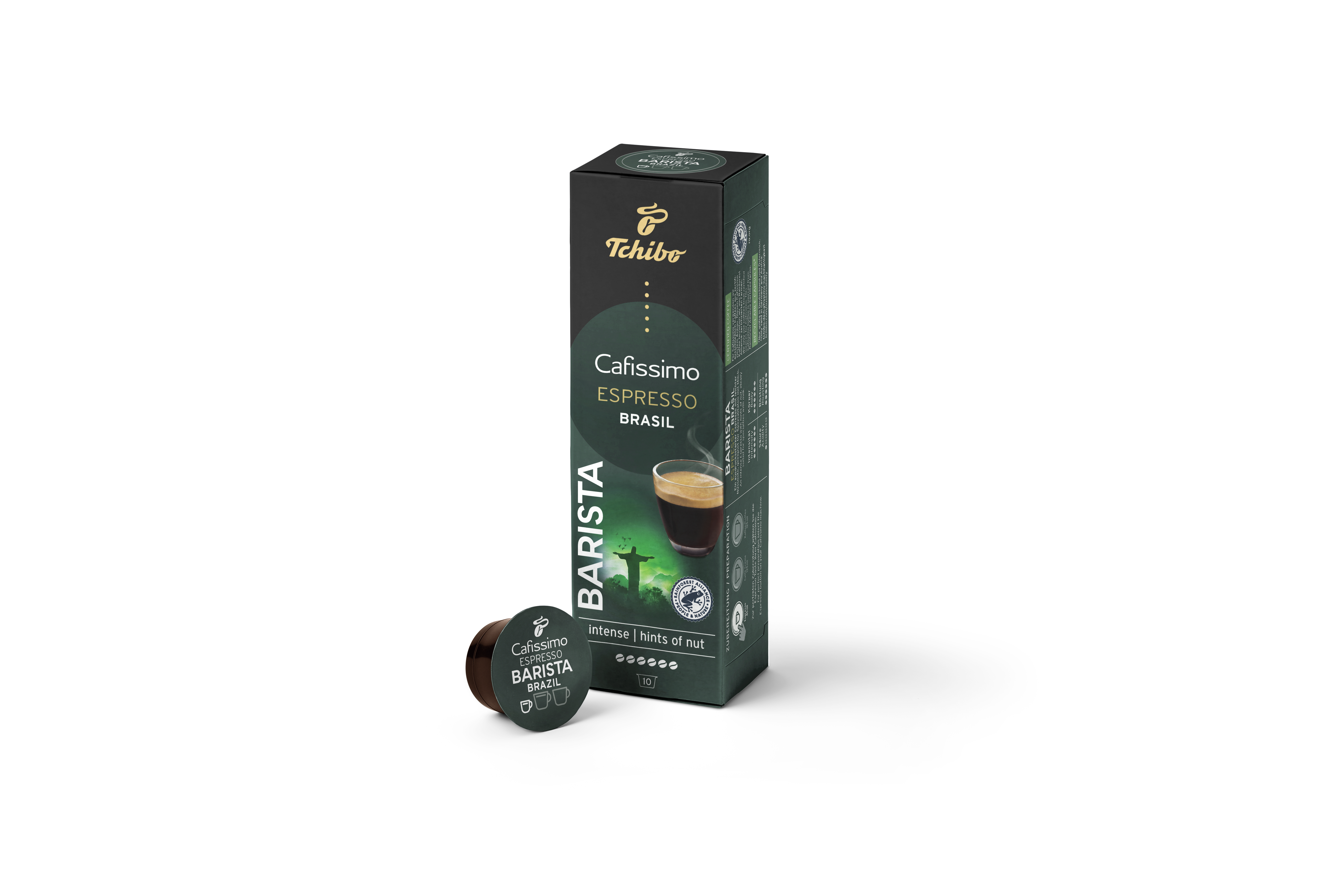 Bir kahve kapsülü ve bir kutu. Kutuda 'Cafissimo Espresso Brazil' yazılıdır.