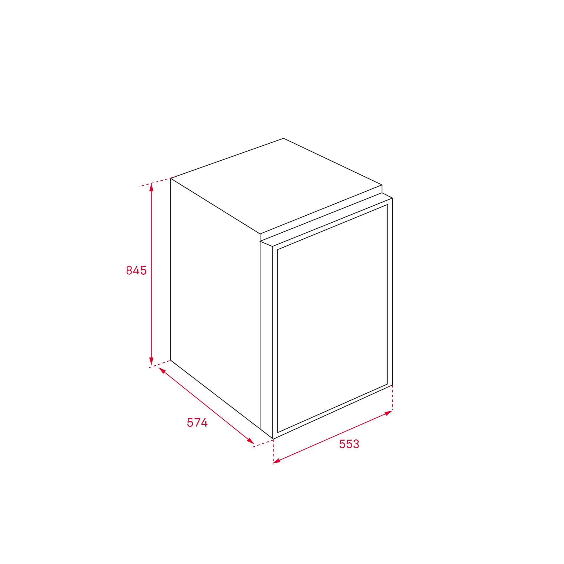 Vista isométrica de un armario rectangular blanco con dimensiones 845x574x553 mm. Las medidas se indican con líneas rojas.