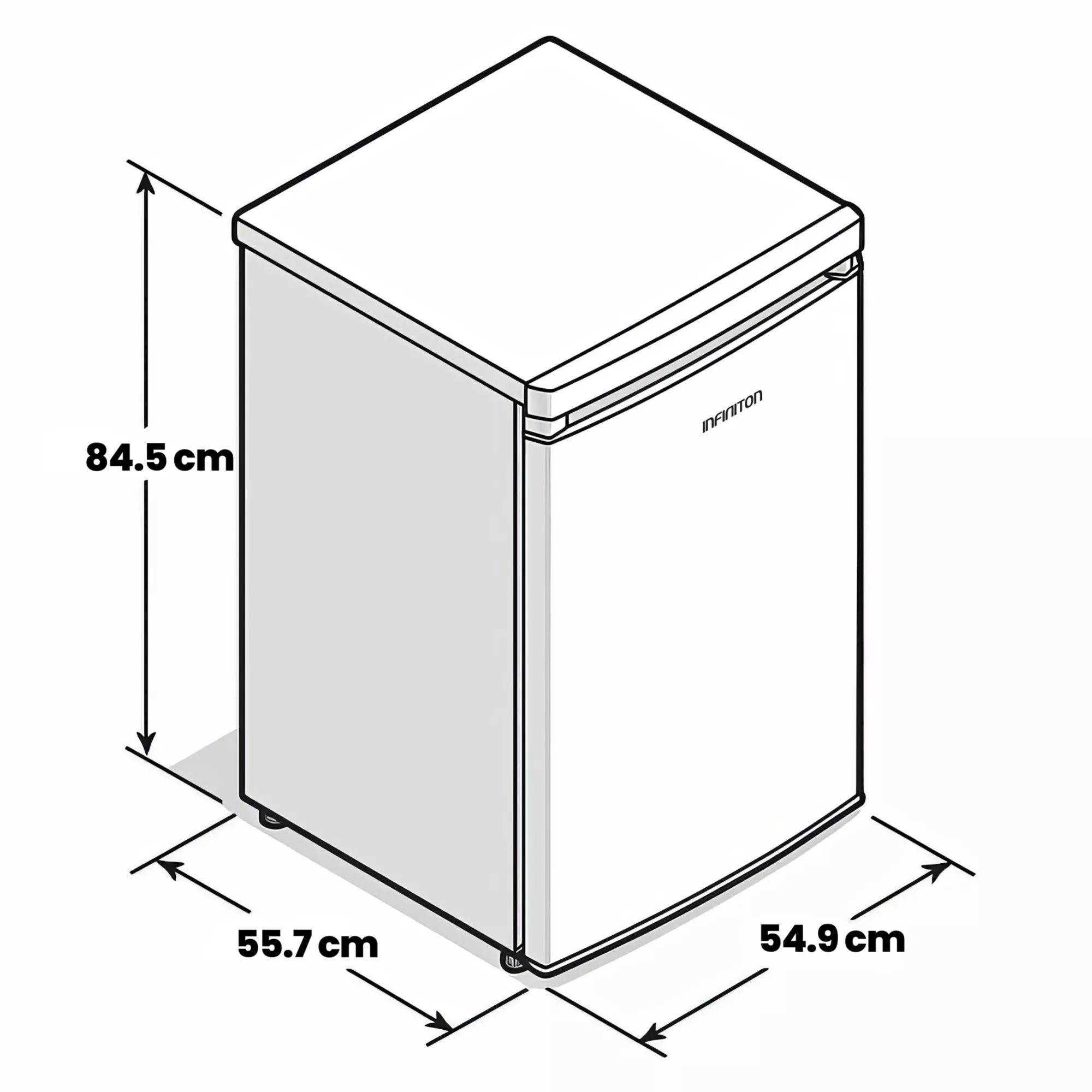 Vista isométrica de un minirefrigerador blanco con dimensiones. La marca es 'INFINITON'.