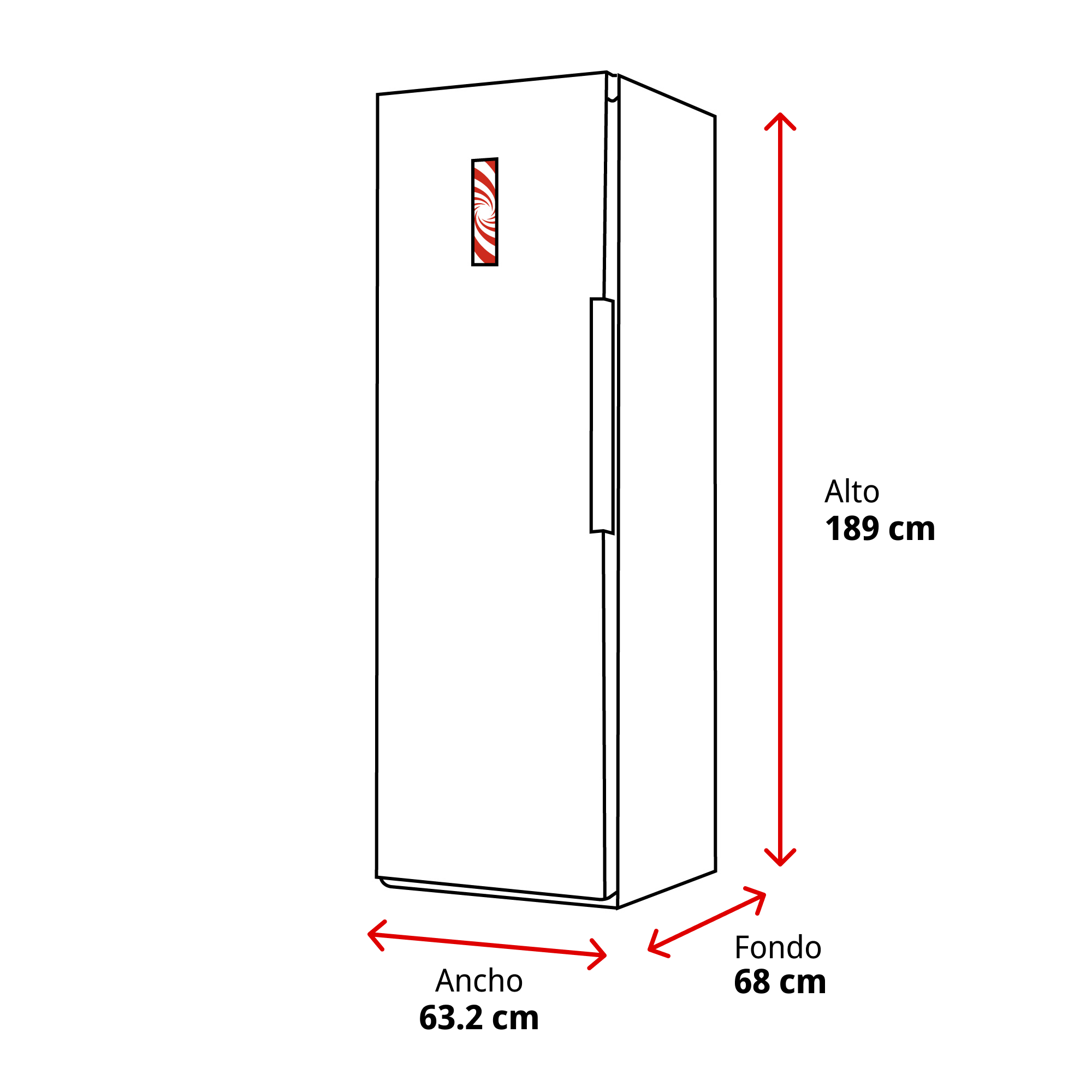 Un refrigerador blanco con dimensiones y un diseño rojo y blanco en la puerta.