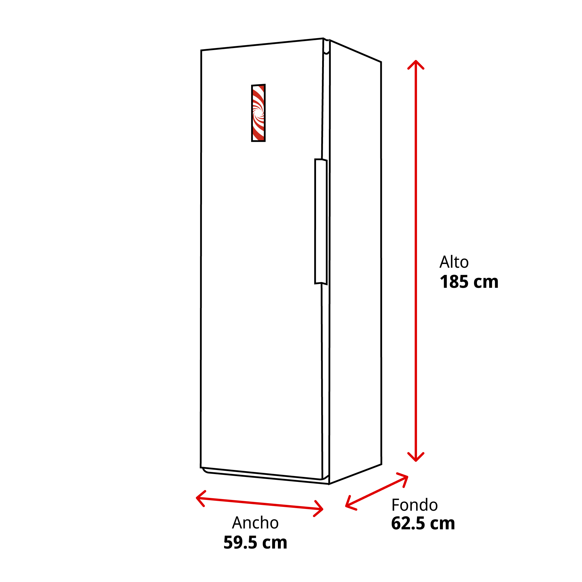Un refrigerador blanco con dimensiones y un diseño rojo y blanco en la puerta.